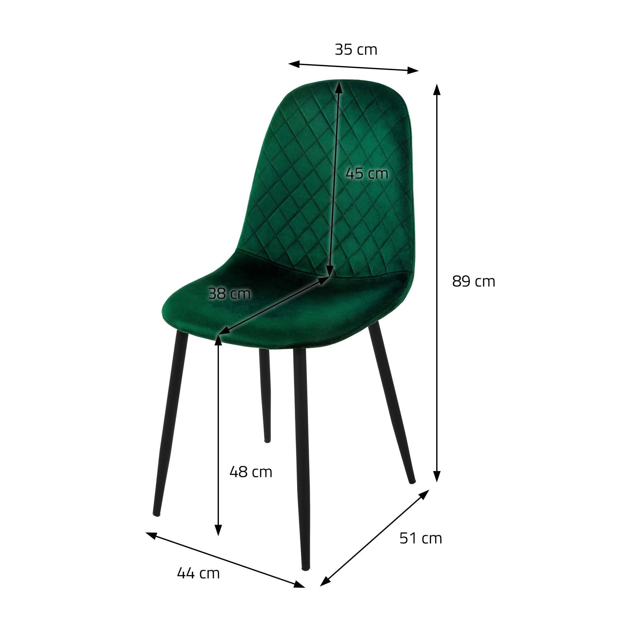 Grüner Stuhl mit Maßen: Höhe 89 cm, Breite 44 cm, Tiefe 51 cm.