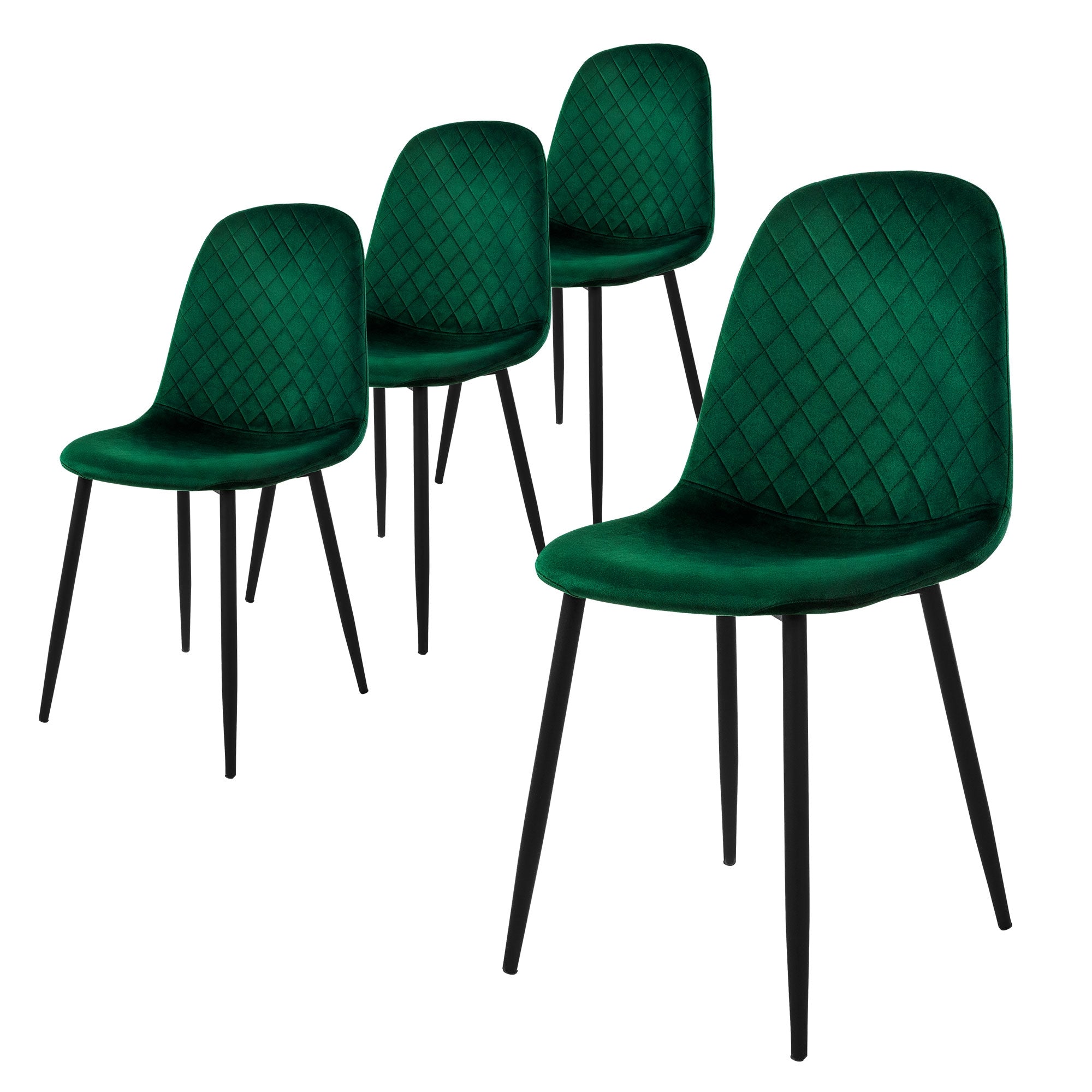 Vier grüne Stühle mit diamantförmiger Polsterung und schwarzen Beinen.