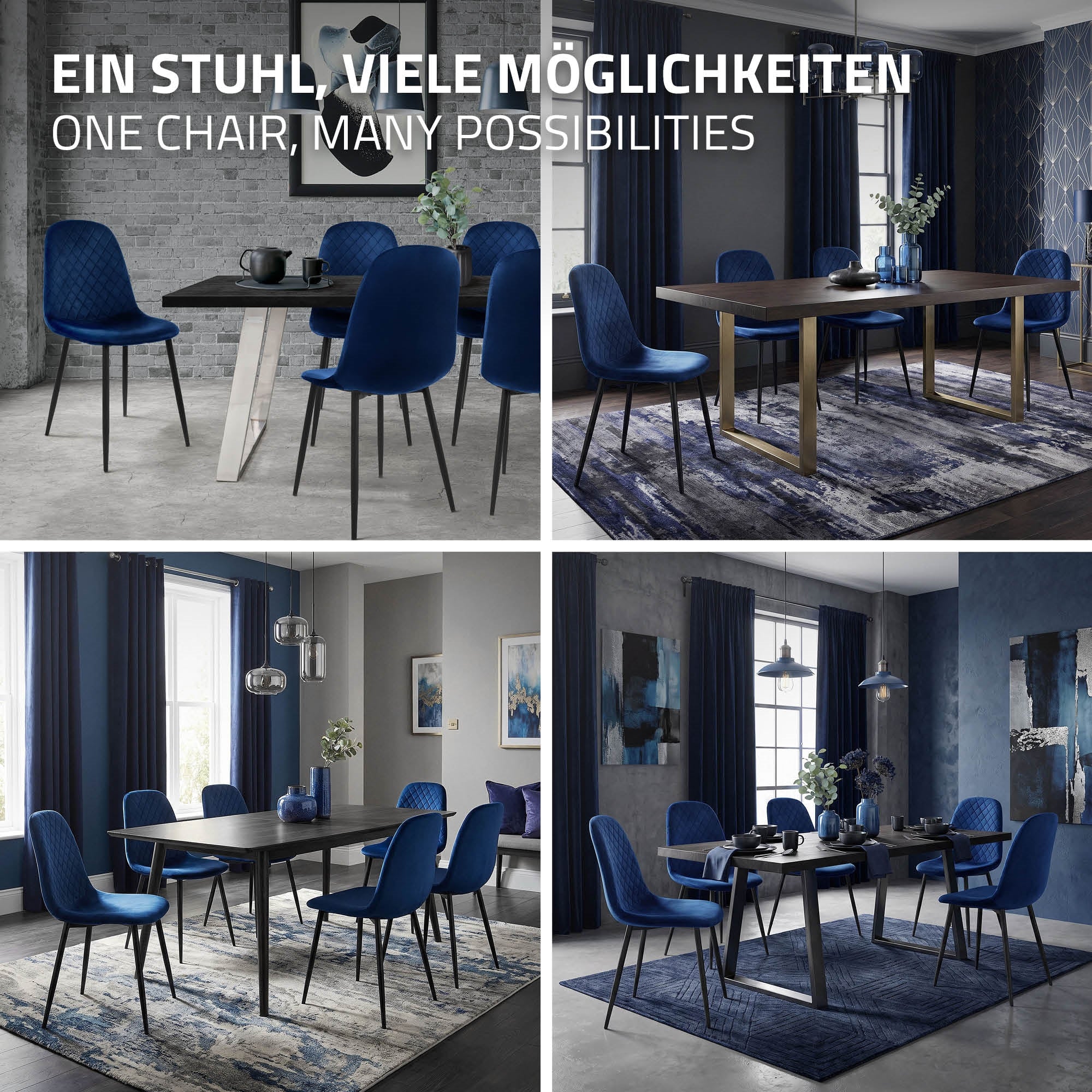 Quatre images de salles à manger avec des chaises et des tables bleues.