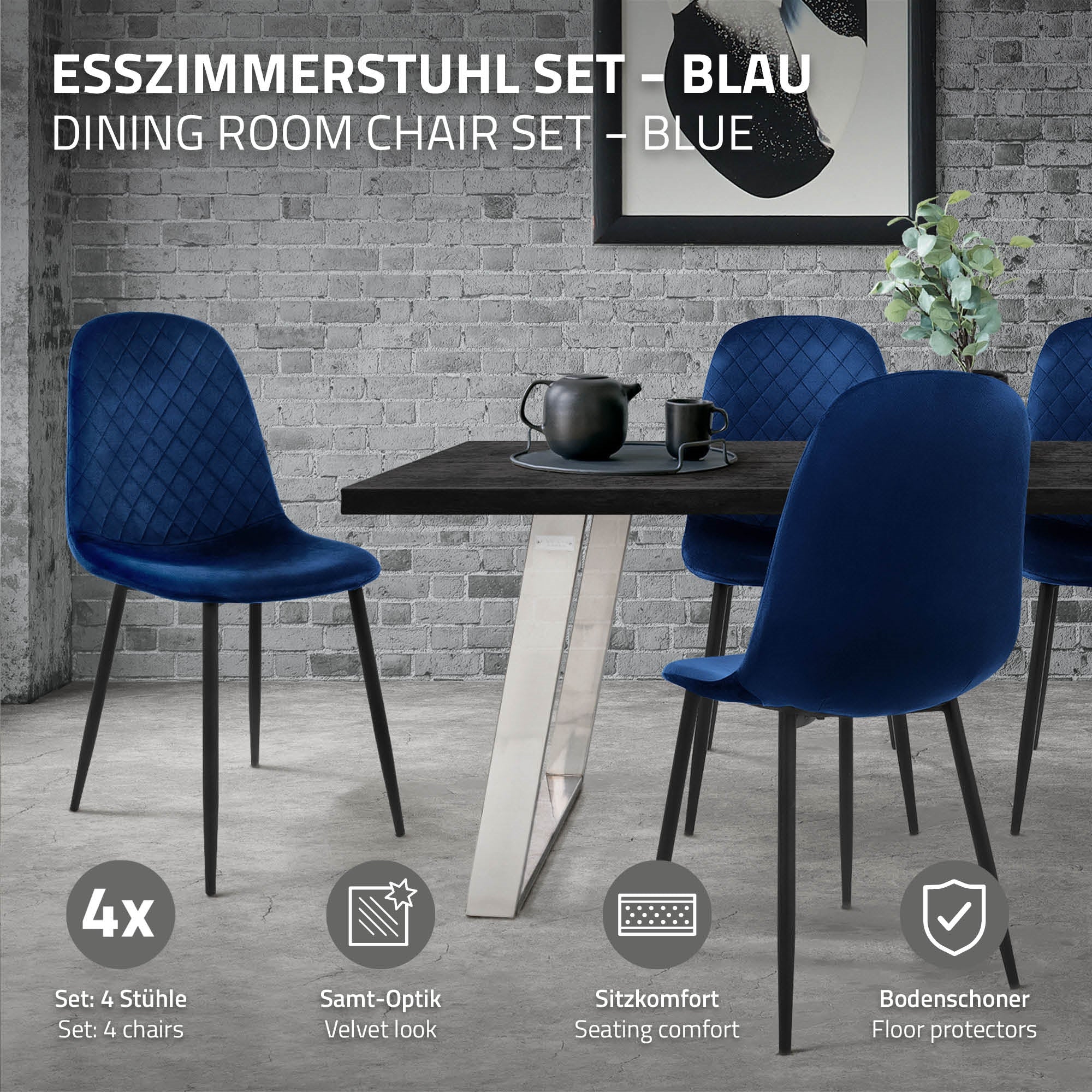 Esszimmerstuhl-Set in Blau, bestehend aus vier Stühlen um einen Tisch.