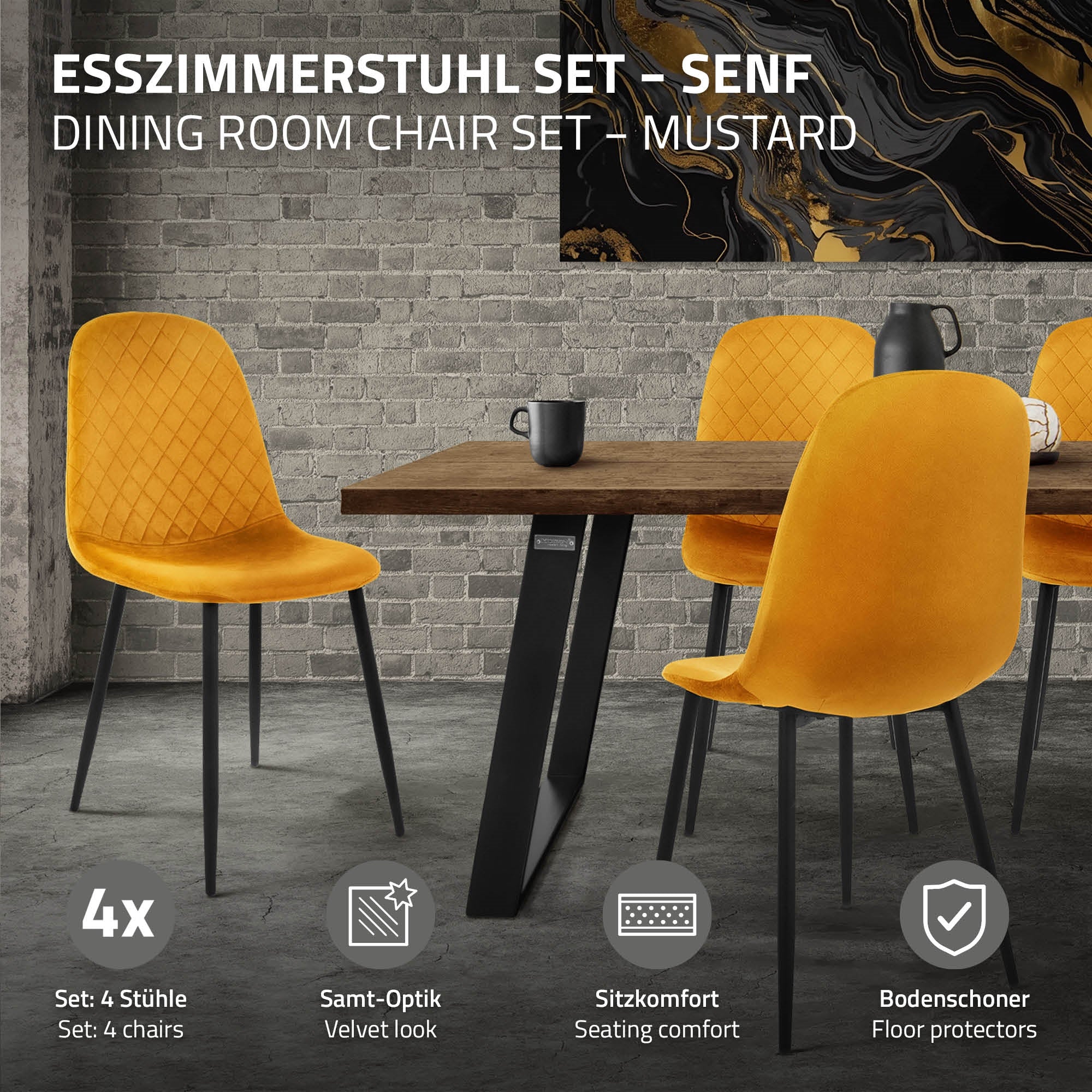 Esszimmerstuhl-Set in Senffarbe an einem Tisch in einem modernen Raum.