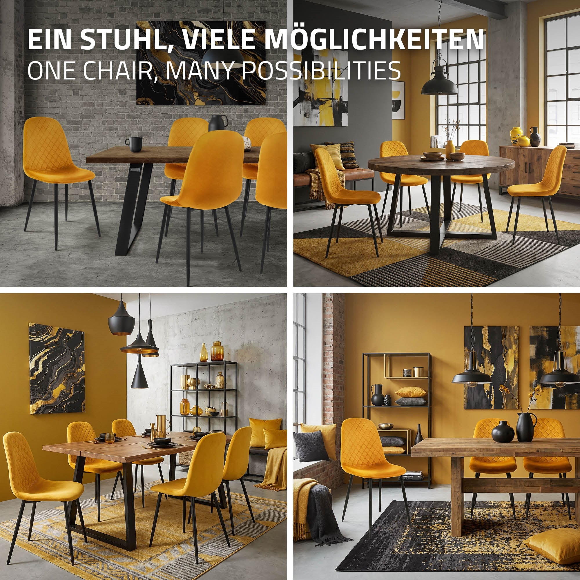 Verschiedene Esszimmerstühle in einem gelb und schwarz gestalteten Raum.