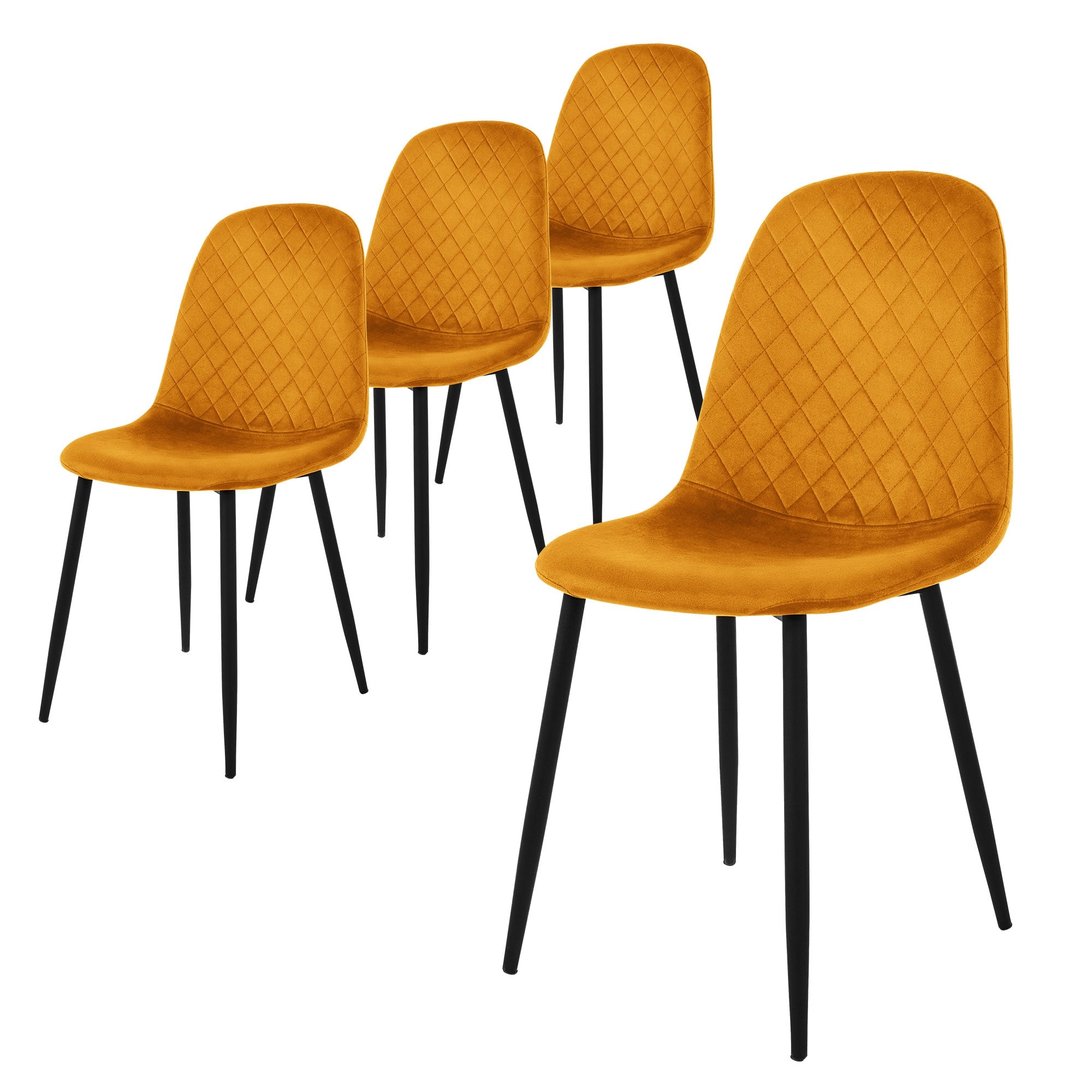 Vier gelbe Stühle mit einem gesteppten Design und schwarzen Beinen.