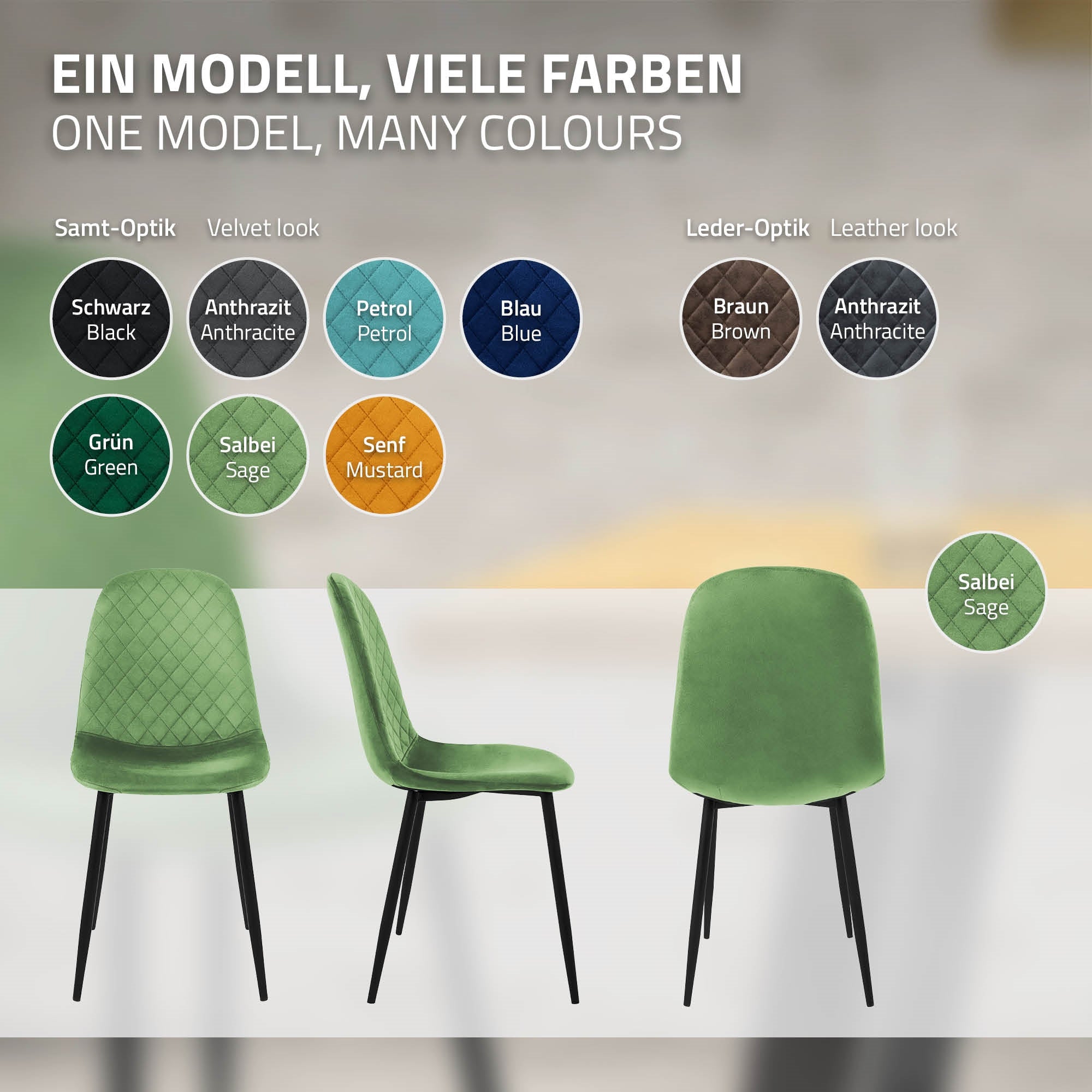 Kolme tuolia eri väreissä ja materiaaleissa epätarkalla taustalla.