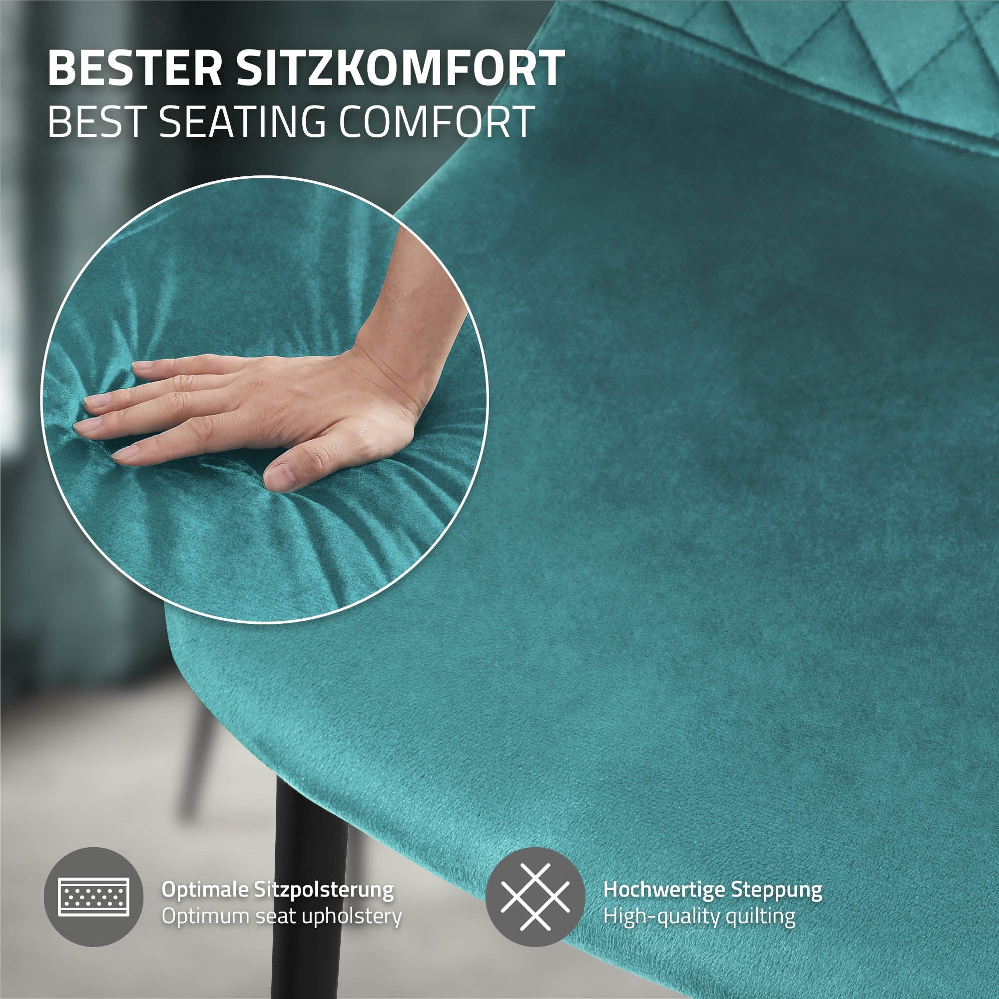 Nahaufnahme einer Hand, die auf einen gepolsterten Stuhl drückt.