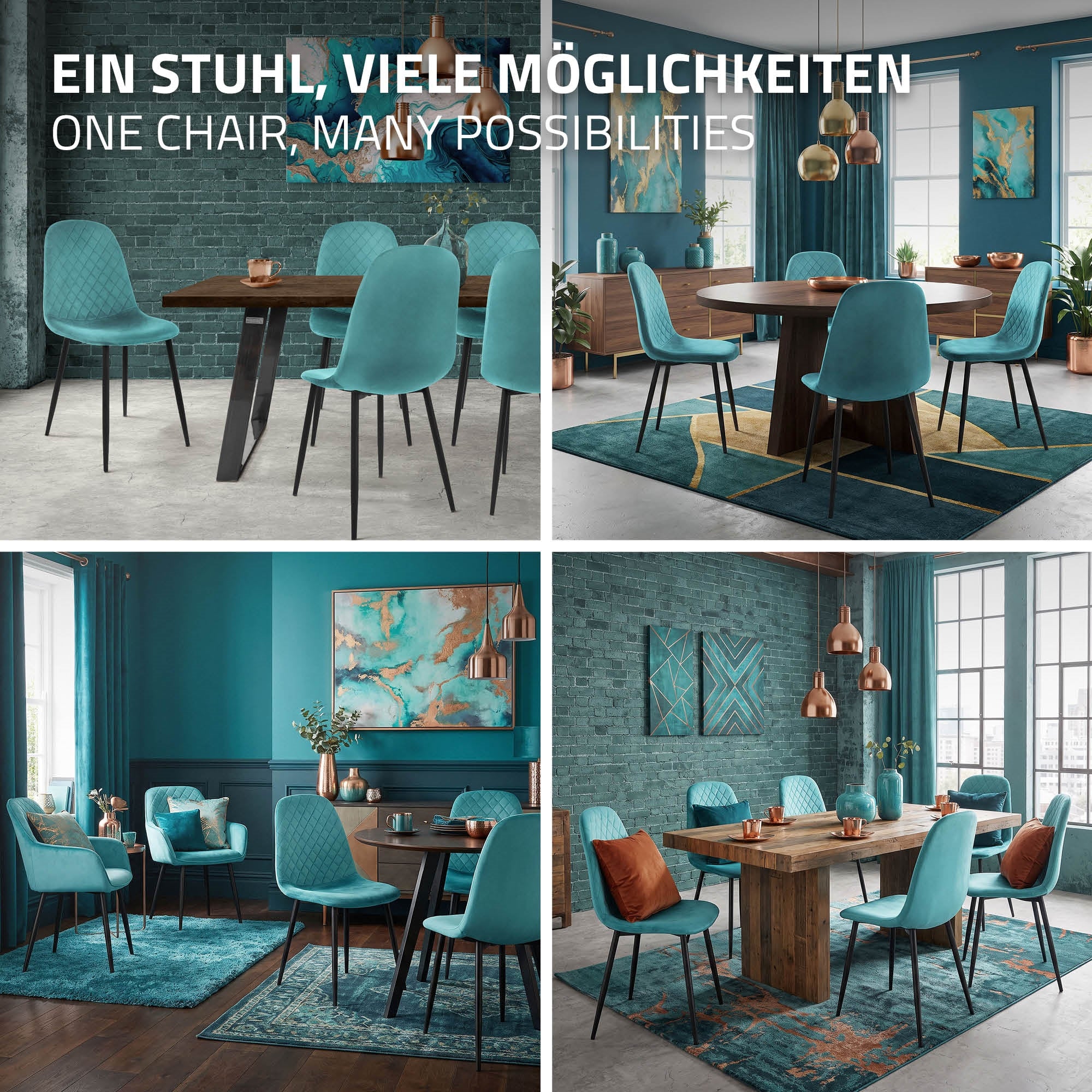 Vier Bilder von Esszimmern mit blauen Stühlen und Tischen.