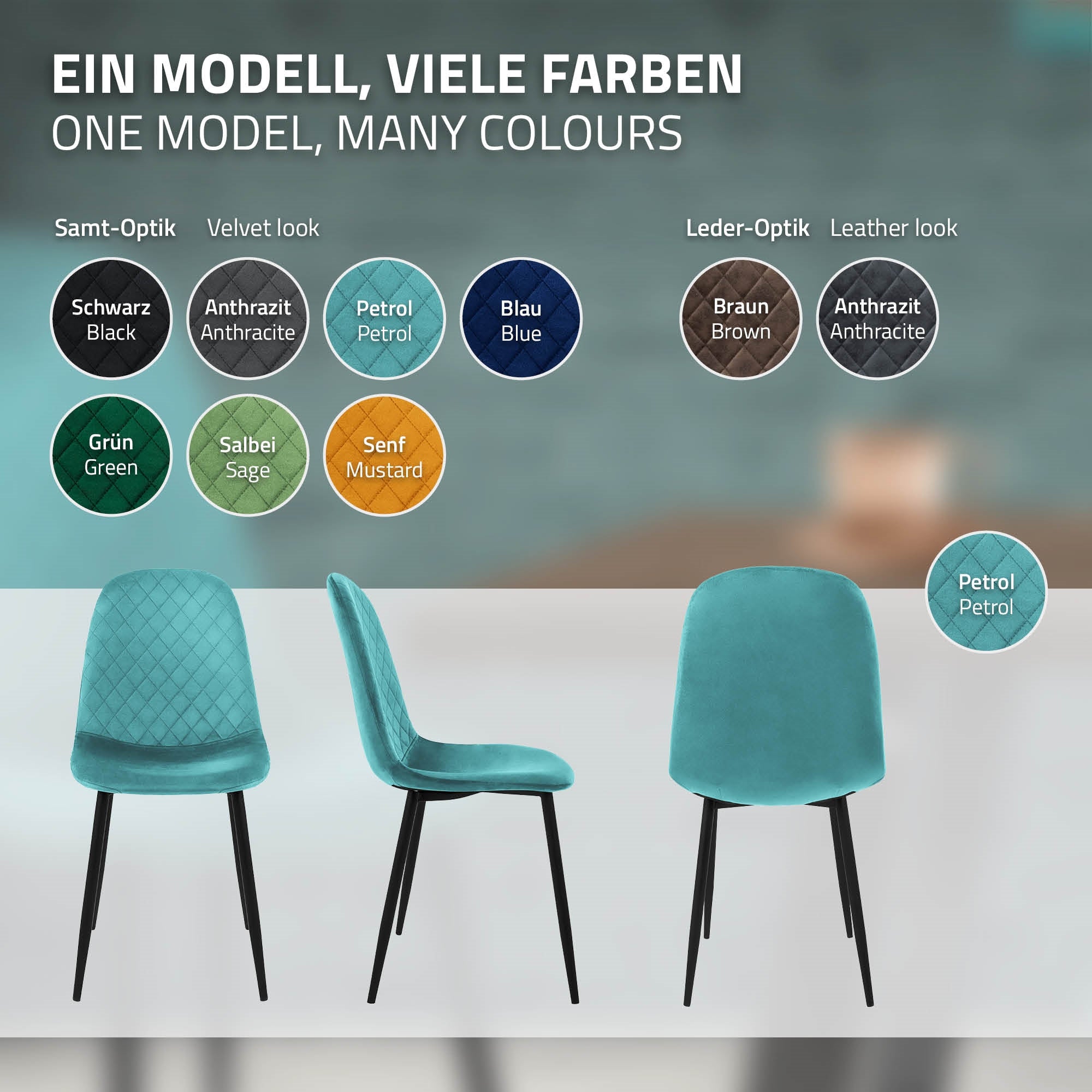 Stühle in verschiedenen Farben, darunter Petrol und Blau, auf hellem Hintergrund.
