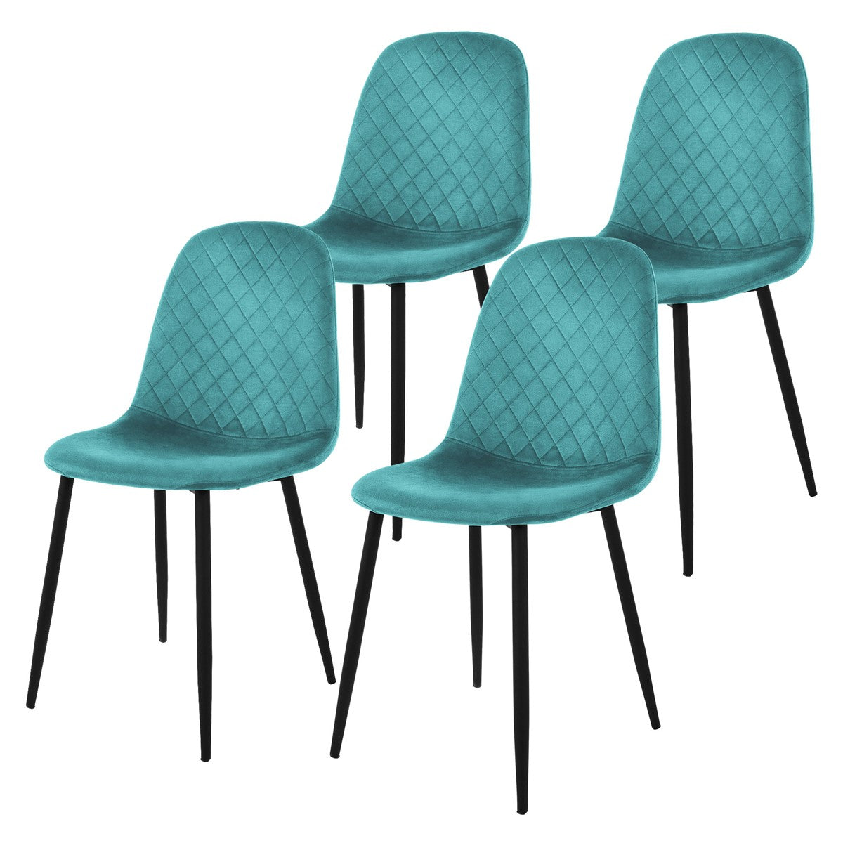 Four turquoise chairs with black frames.