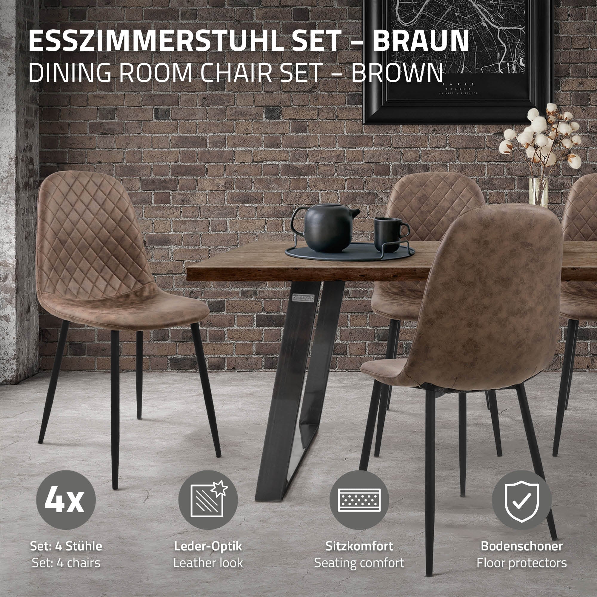 Braunes Esszimmerstuhl-Set mit vier Stühlen und einem Tisch.