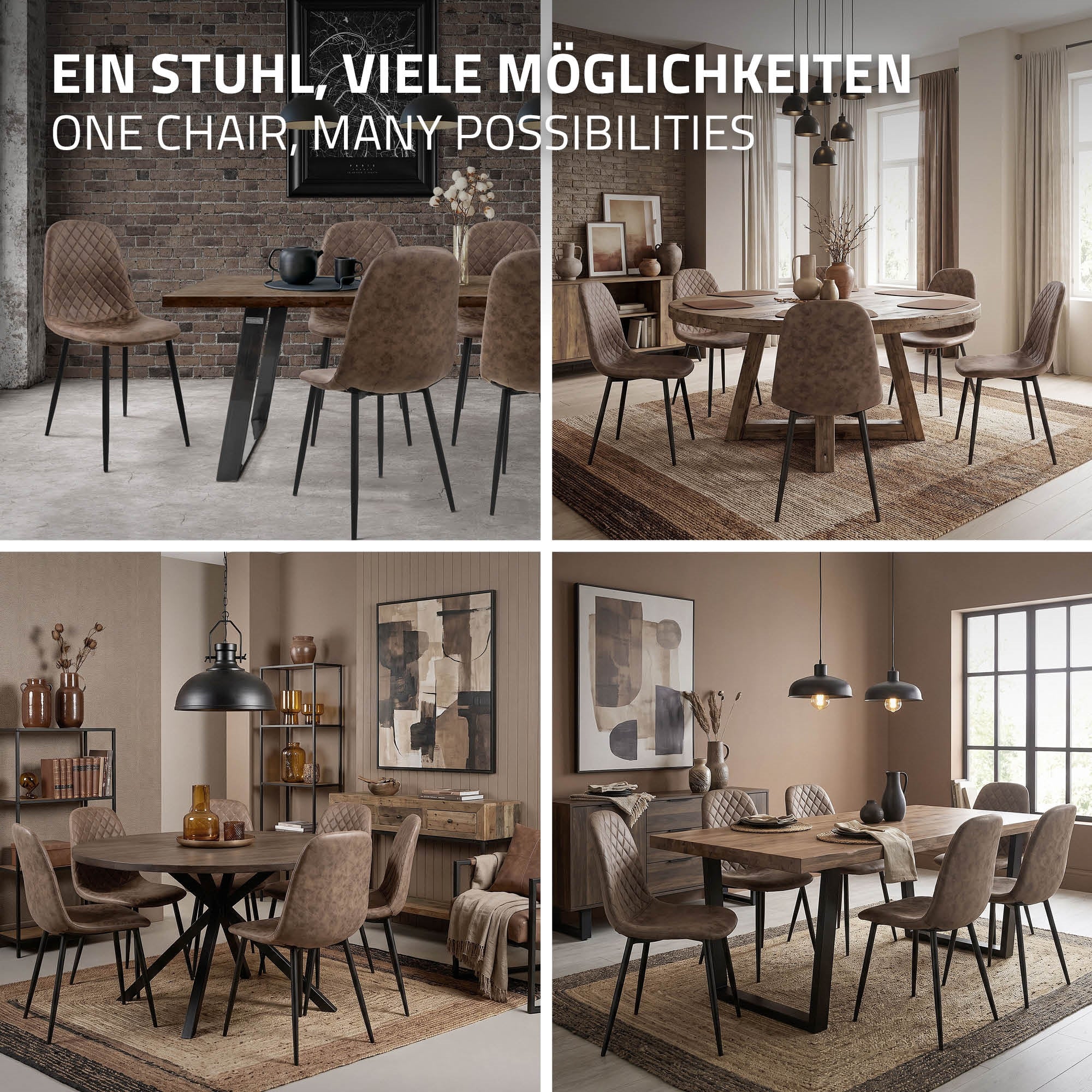 Verschiedene Esszimmeranordnungen mit einem Stuhl in verschiedenen Räumen.