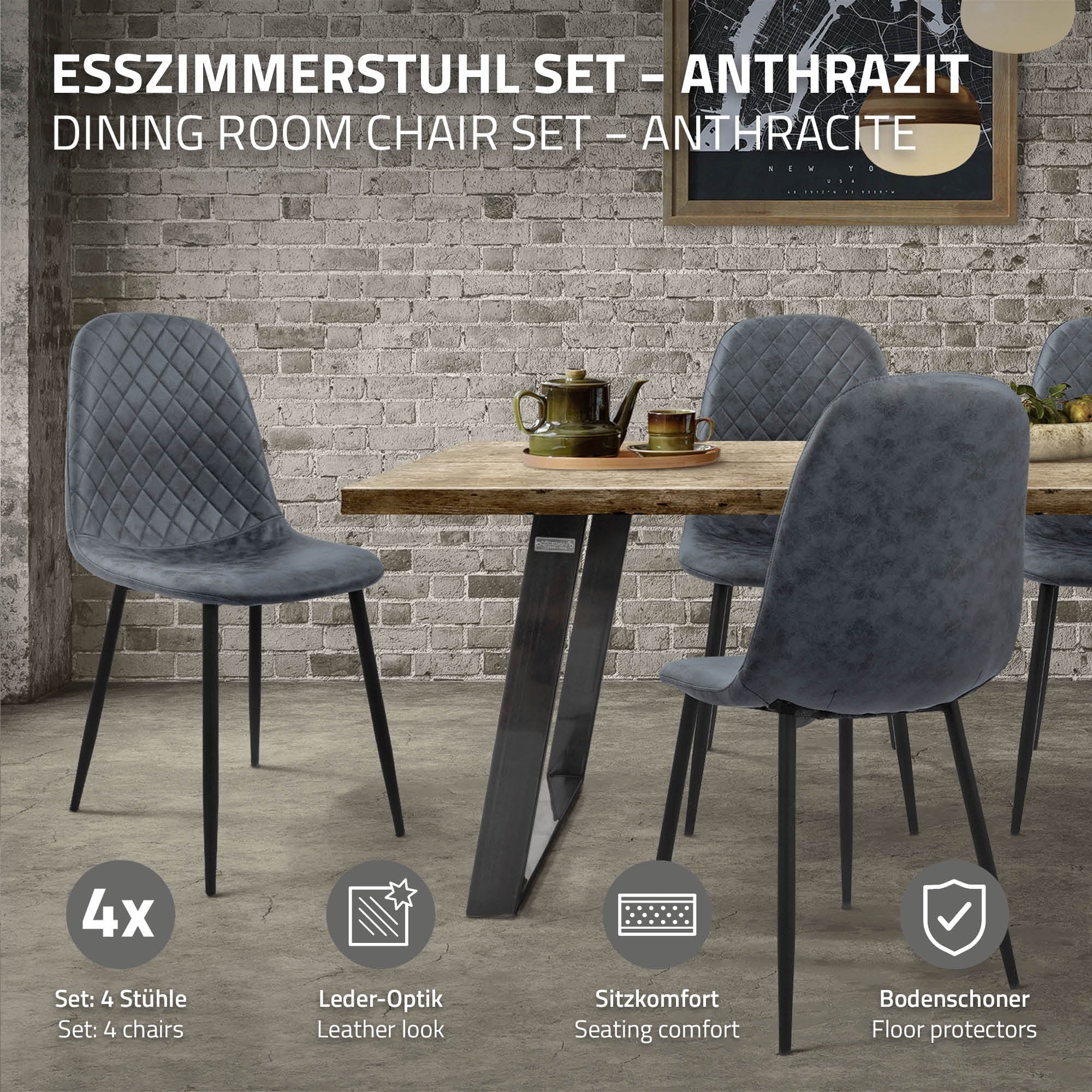 Esszimmerstuhl-Set in Anthrazit, um einen Tisch gruppiert.