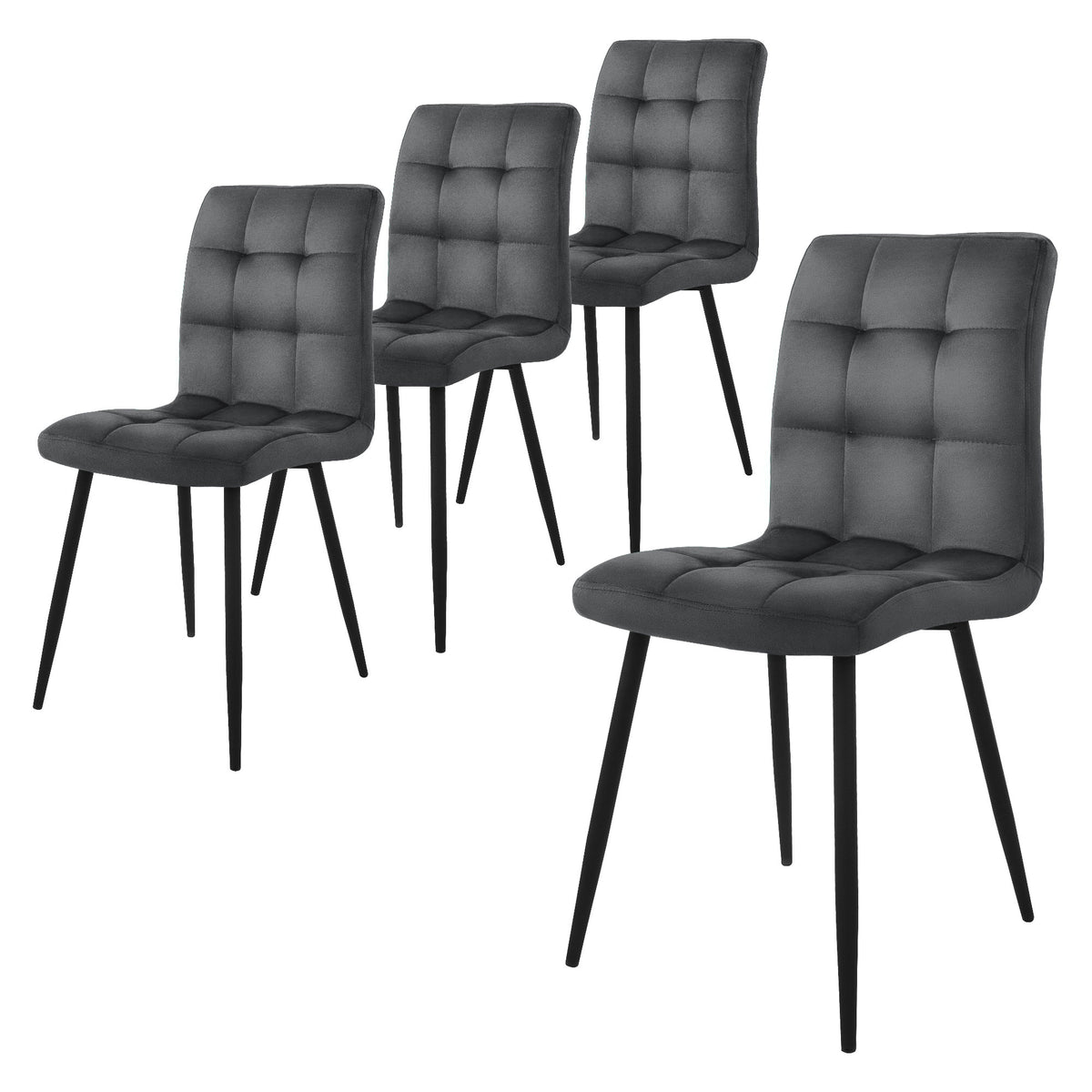 Vier schwarze Stühle mit gepolsterter Sitzfläche und langen Beinen.