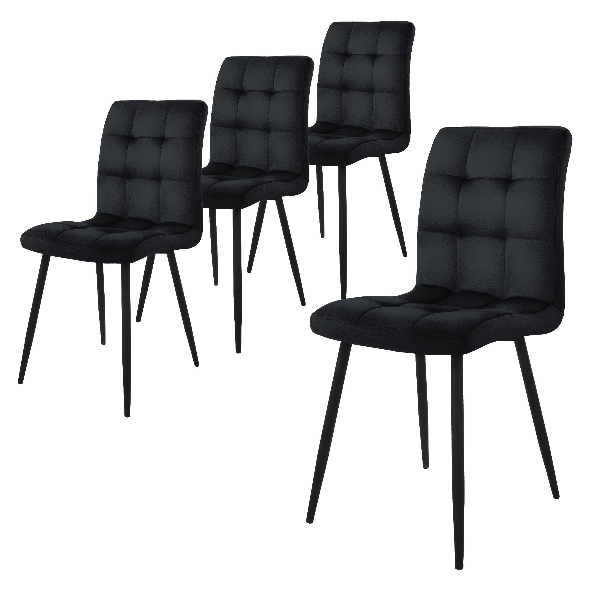 Vier schwarze Stühle mit gepolsterter Sitzfläche in einer Reihe.