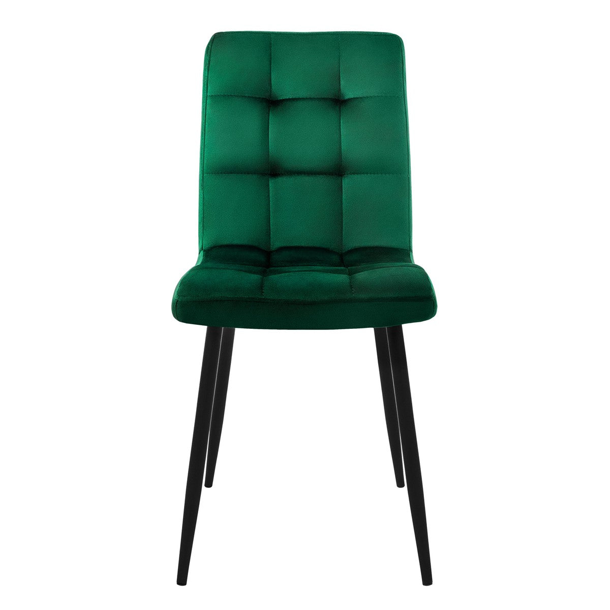 Een groene stoel met een zwart frame, van voren gezien.