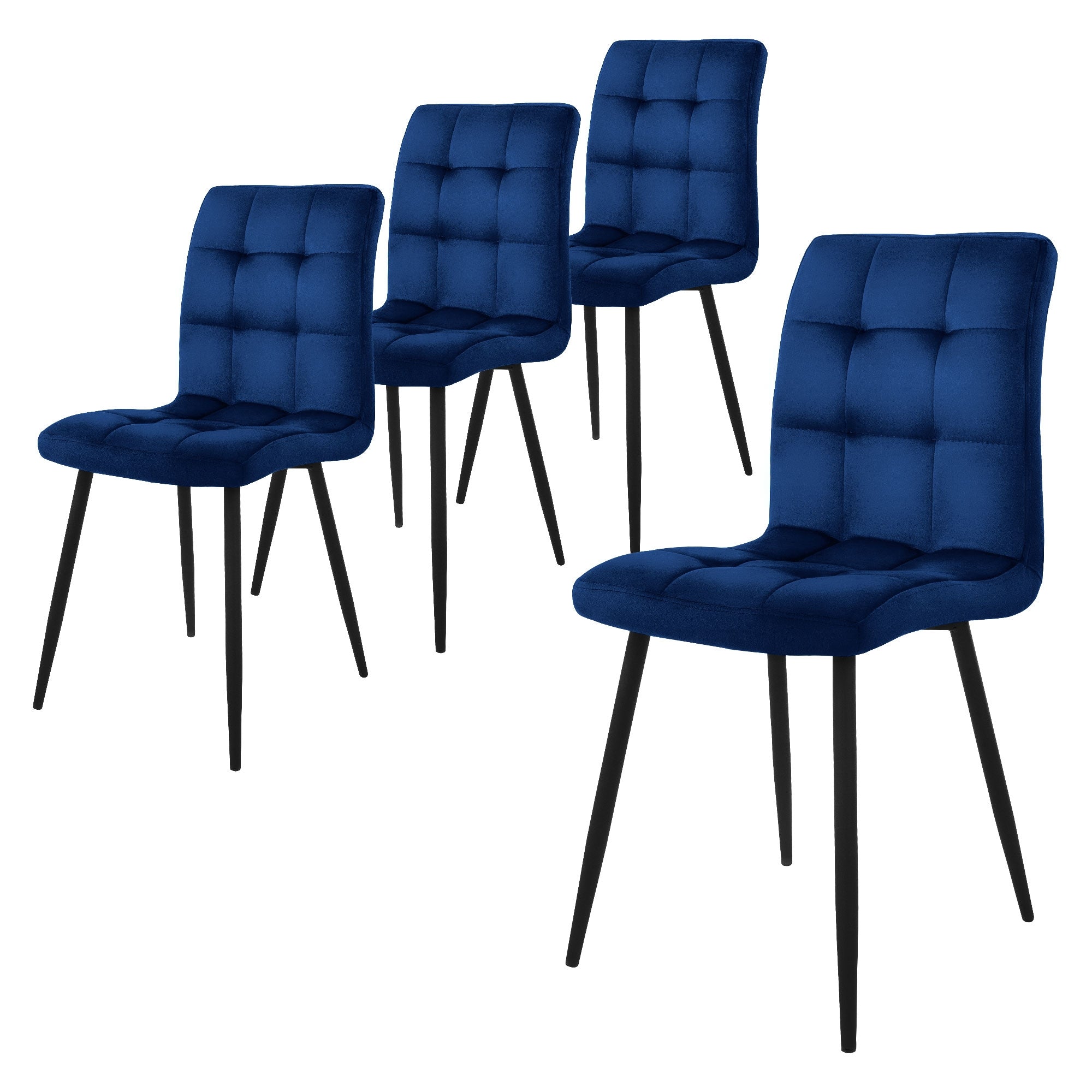 Vier blaue Stühle mit gepolsterter Sitzfläche und schwarzen Beinen.
