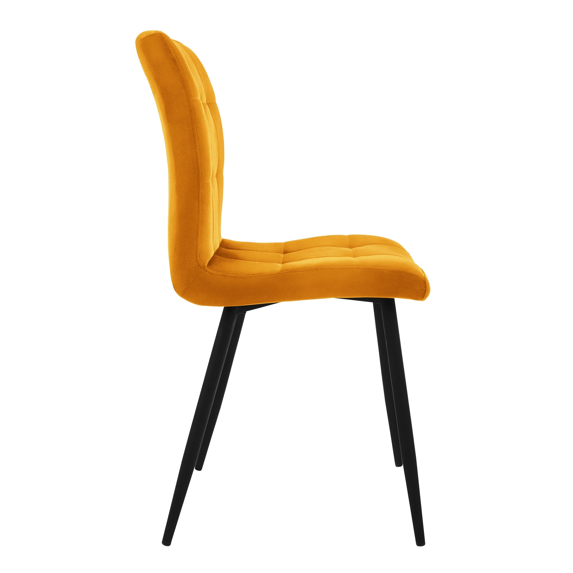 Vue latérale d'une chaise jaune avec un dossier rembourré.