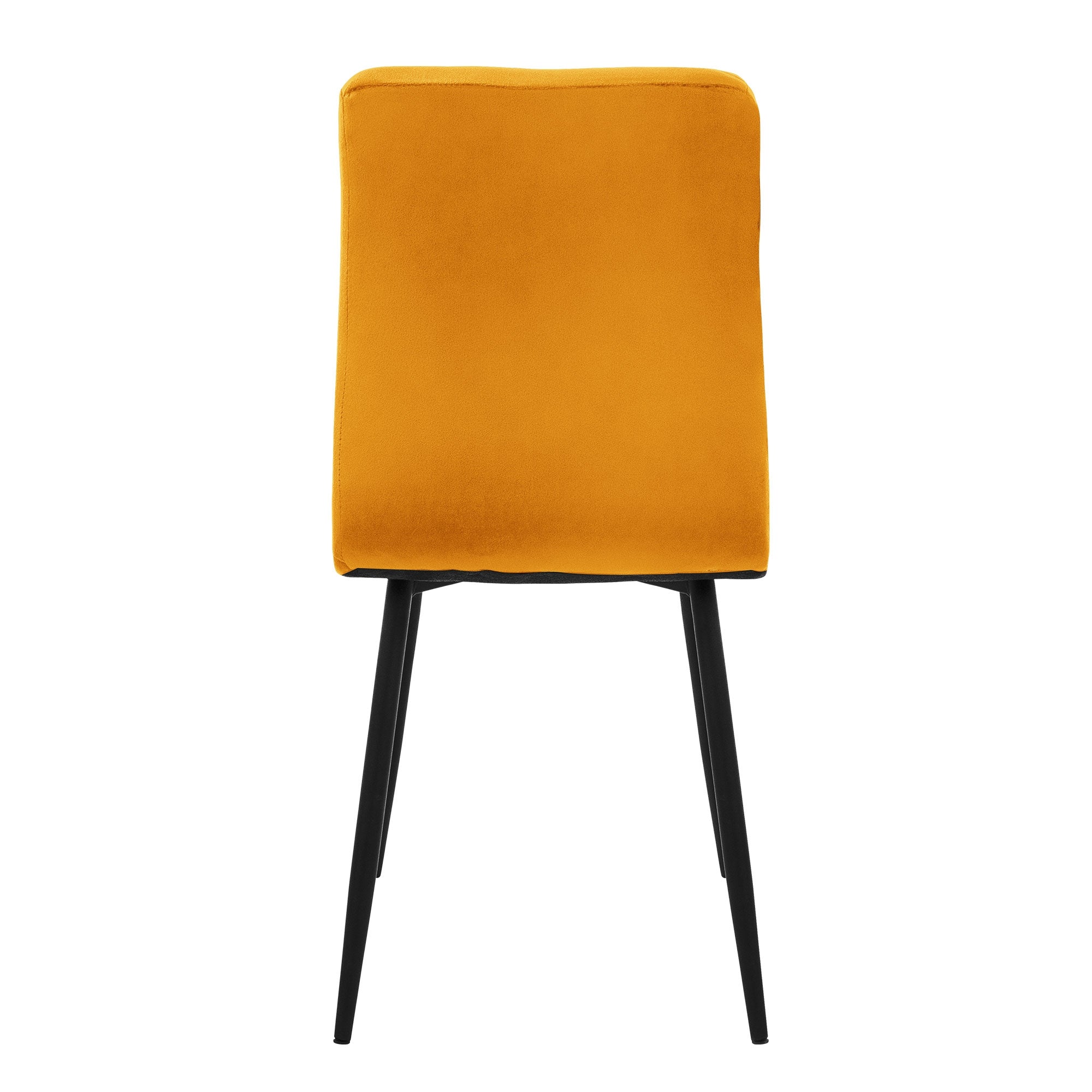 Une chaise jaune avec un cadre noir vue de derrière.