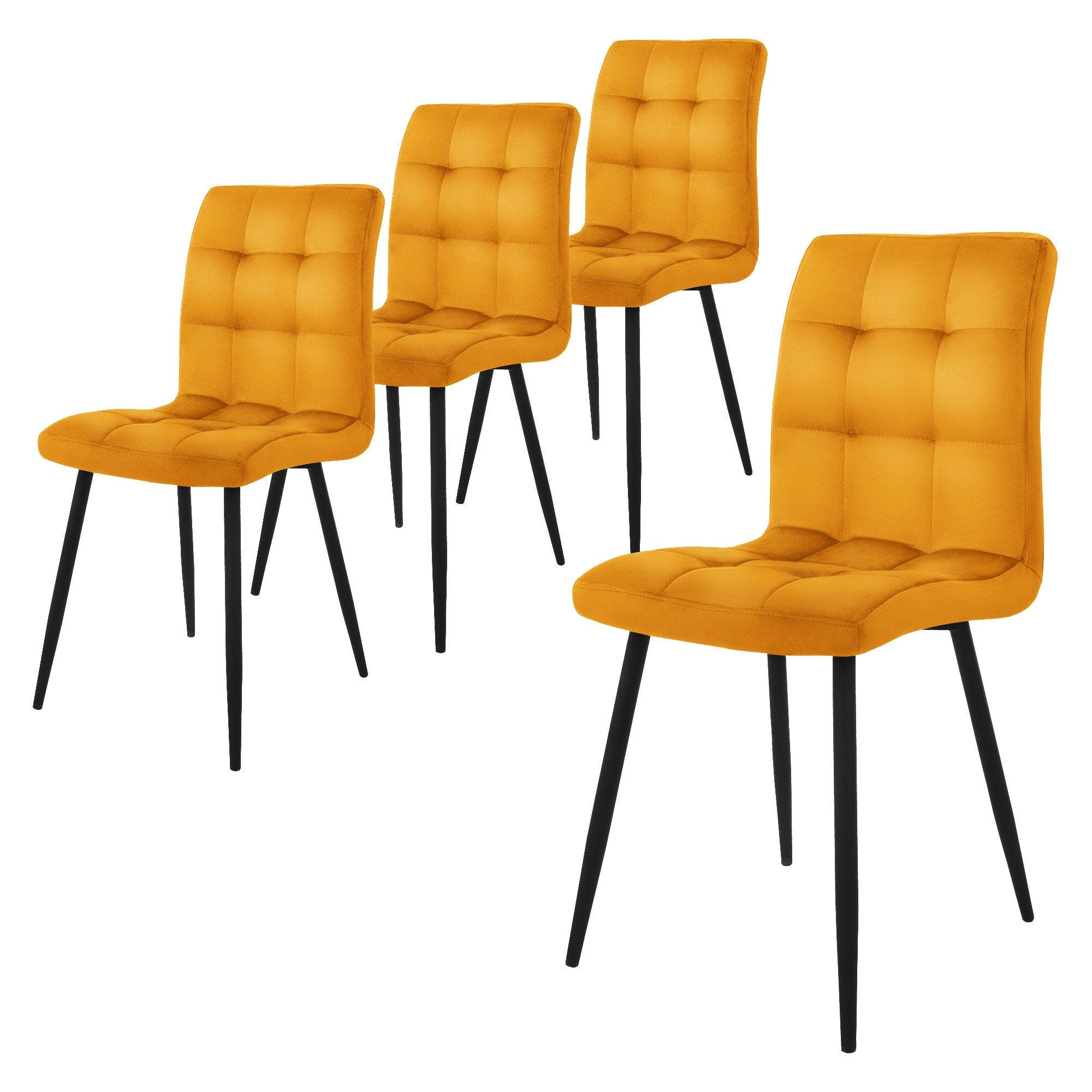 Vier orangefarbene Stühle mit schwarzem Gestell auf einem weißen Hintergrund.