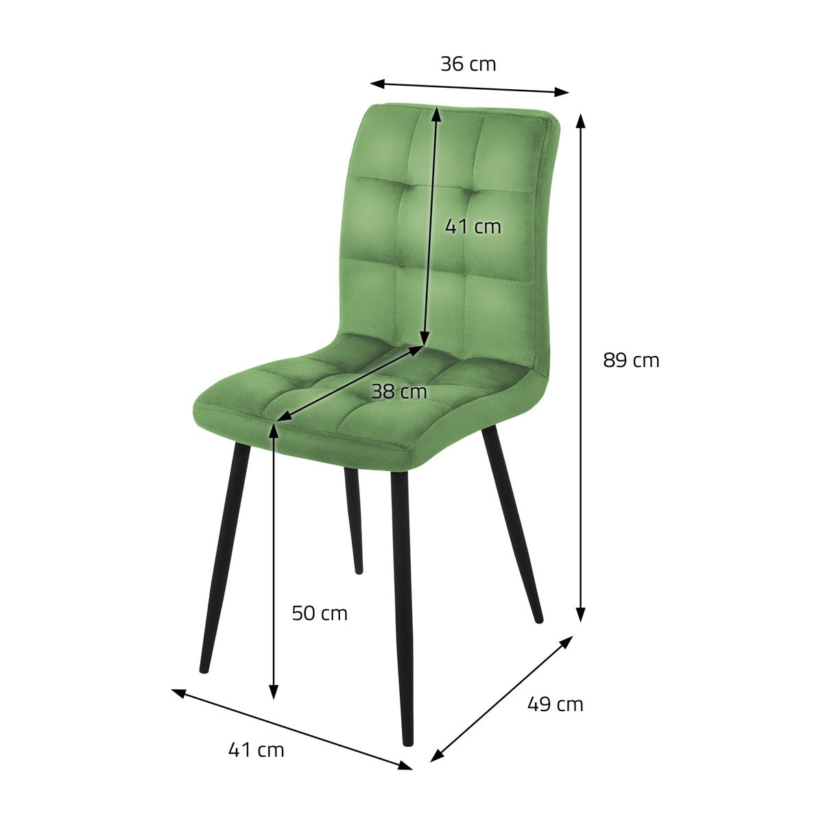 Grön stol med mått för höjd och bredd.