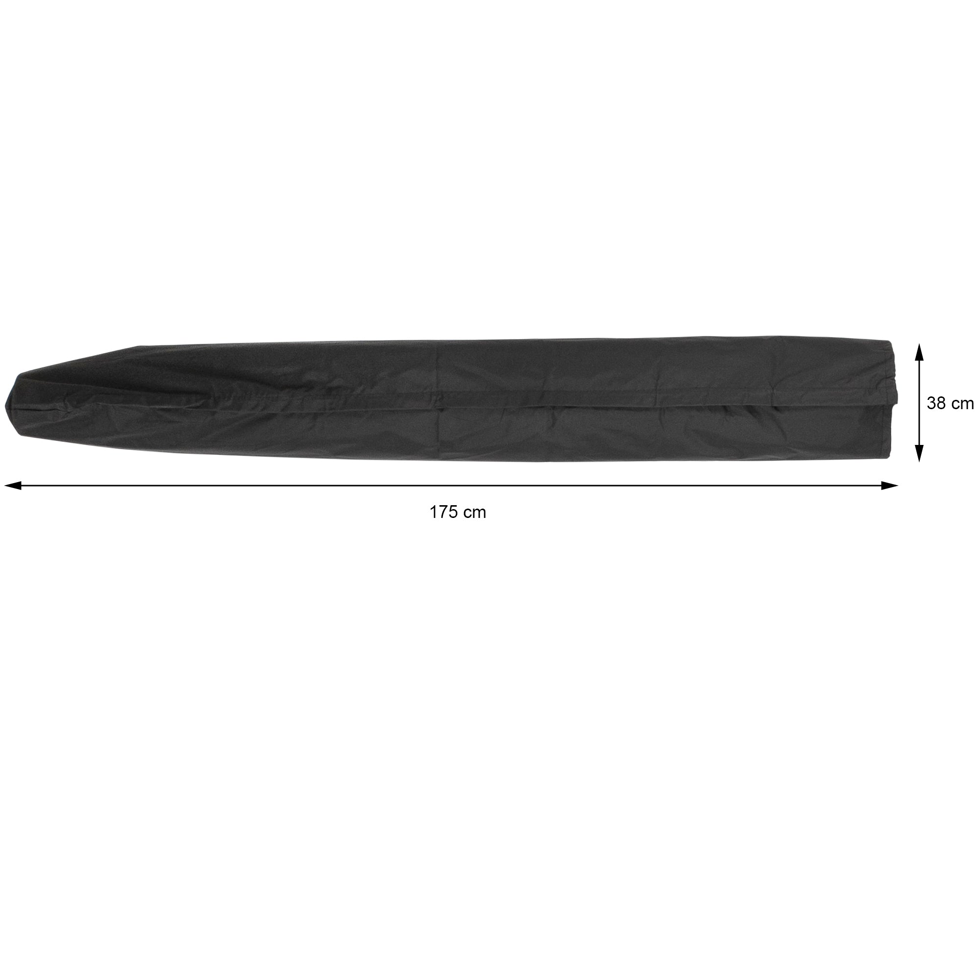 Schwarze Abdeckung mit Maßen 175 cm x 38 cm.