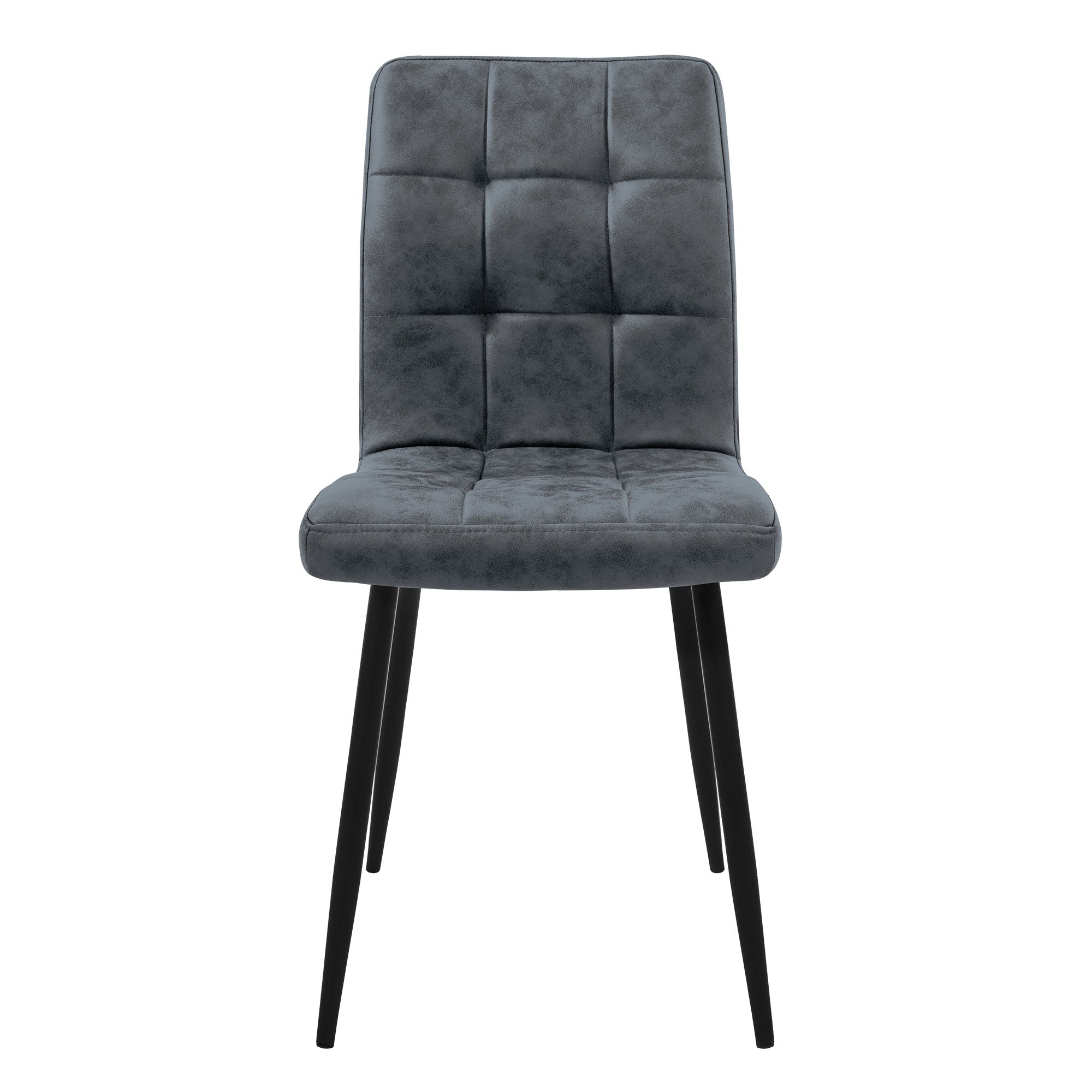 Ein grauer Stuhl mit quadratischem Sitz und schwarzen Beinen.
