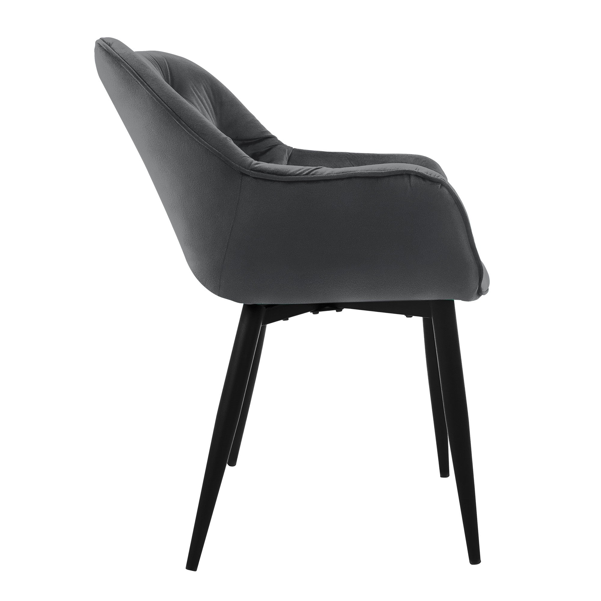 Gray chair with a padded backrest and black legs, side view.