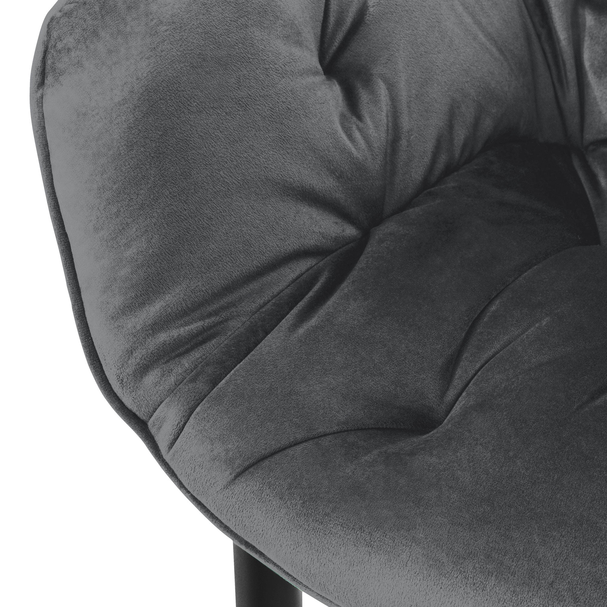 Close-up of a gray chair with a padded seat.
