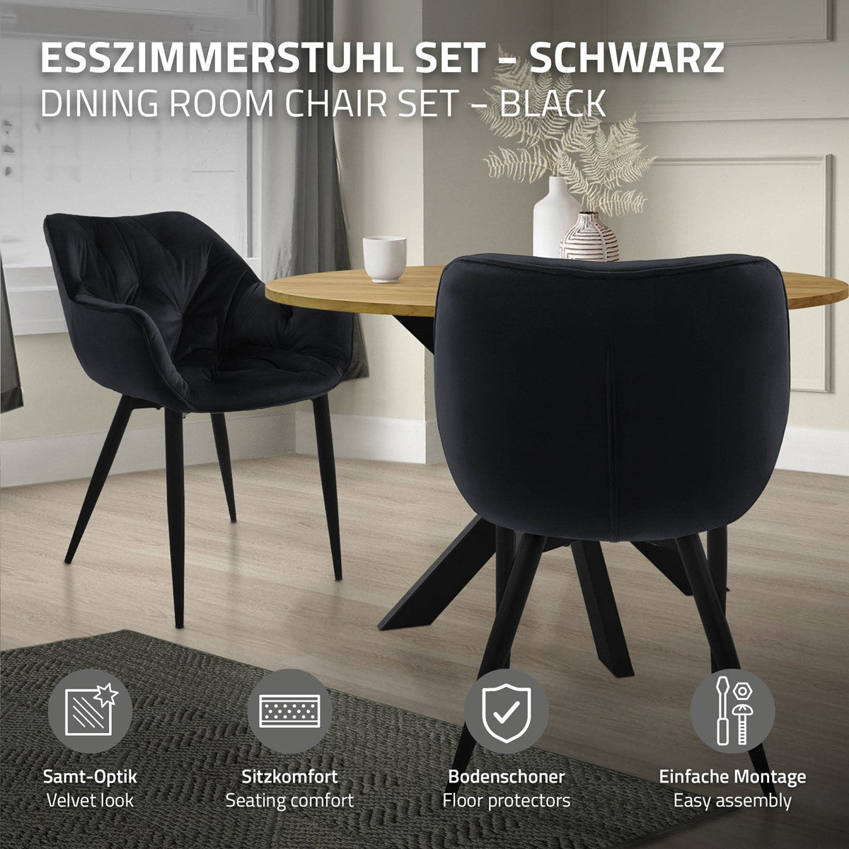 Ein schwarzes Esszimmerstuhl-Set an einem runden Tisch mit Informationen zur Montage.