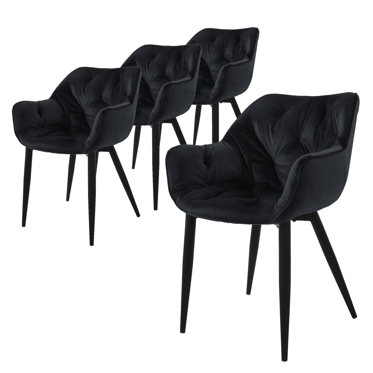 Vier schwarze Stühle mit gepolsterter Sitzfläche stehen in einer Reihe.