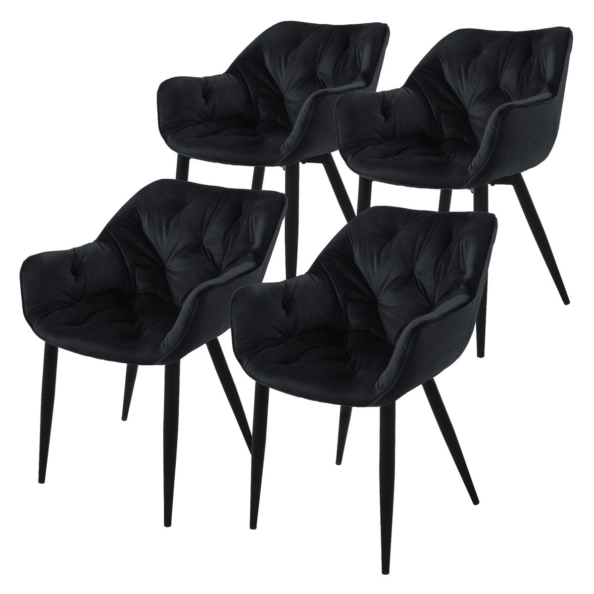 Vier schwarze Stühle mit gepolsterten Sitzen und schwarzen Beinen.
