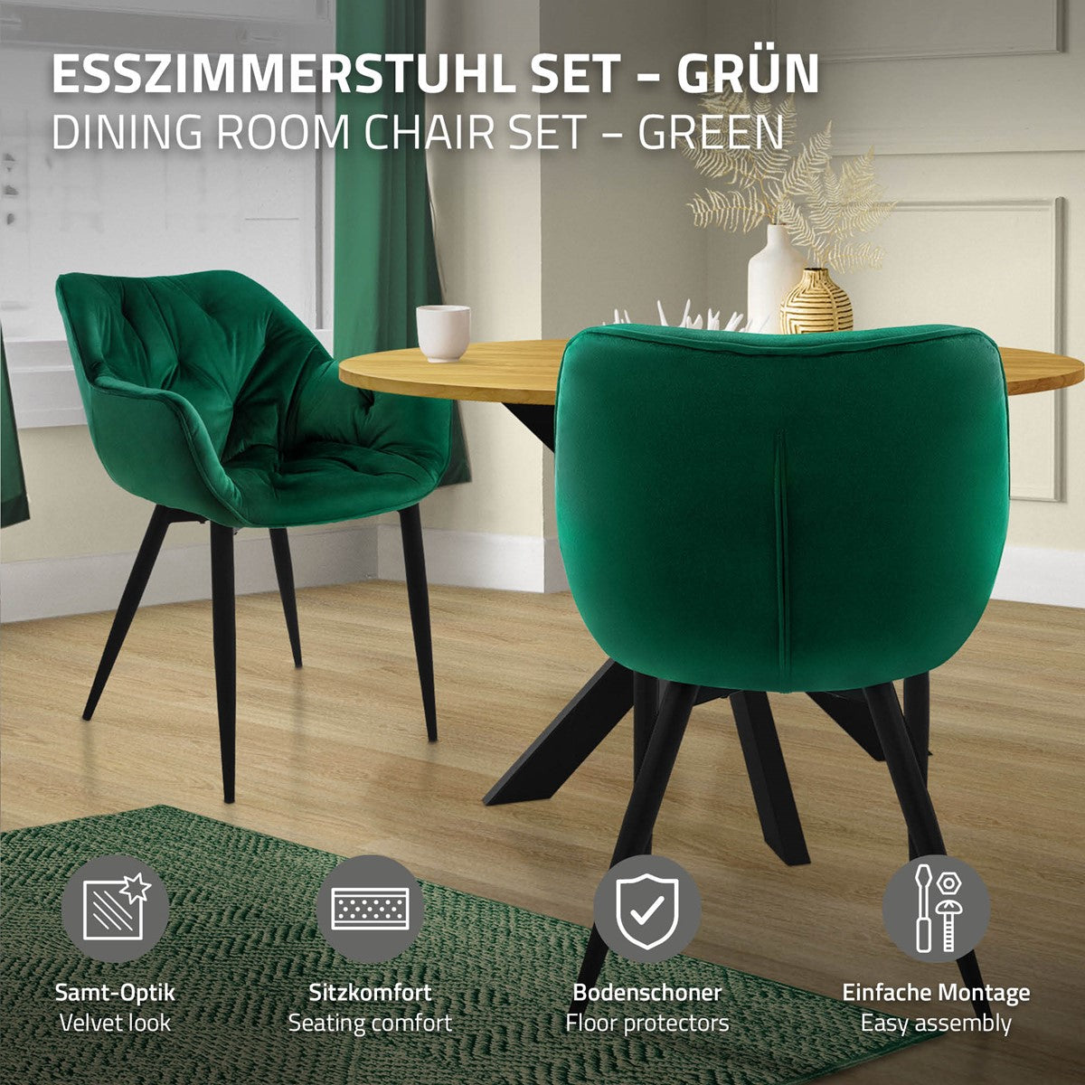 Grünes Esszimmerstuhl-Set vor einem runden Tisch in einem modernen Raum.