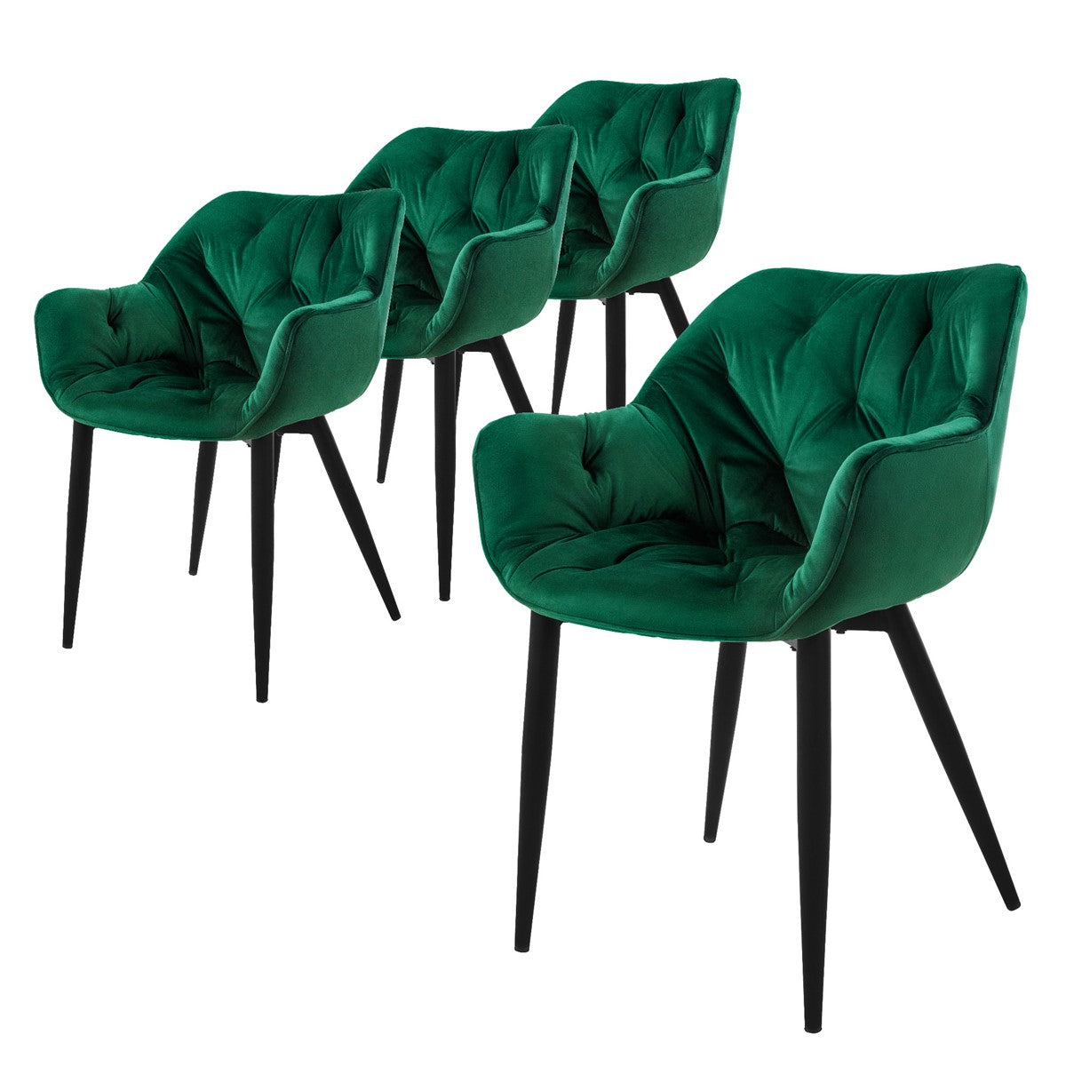 Four green chairs with padded seats and black legs.