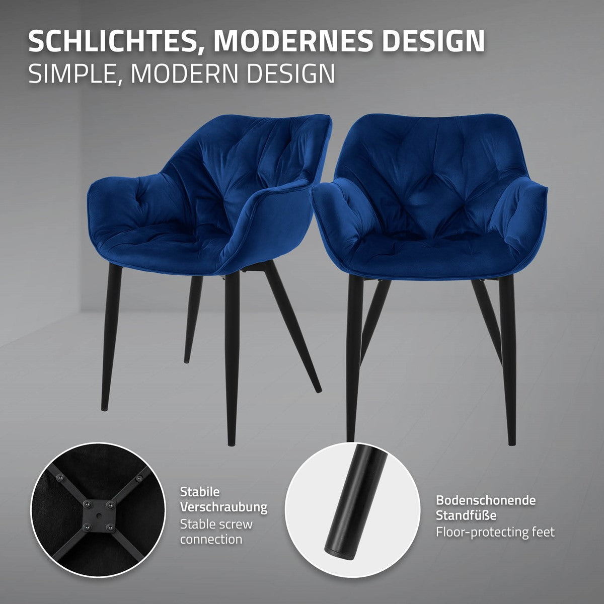 Zwei blaue Stühle mit modernen Designs auf einem grauen Hintergrund.