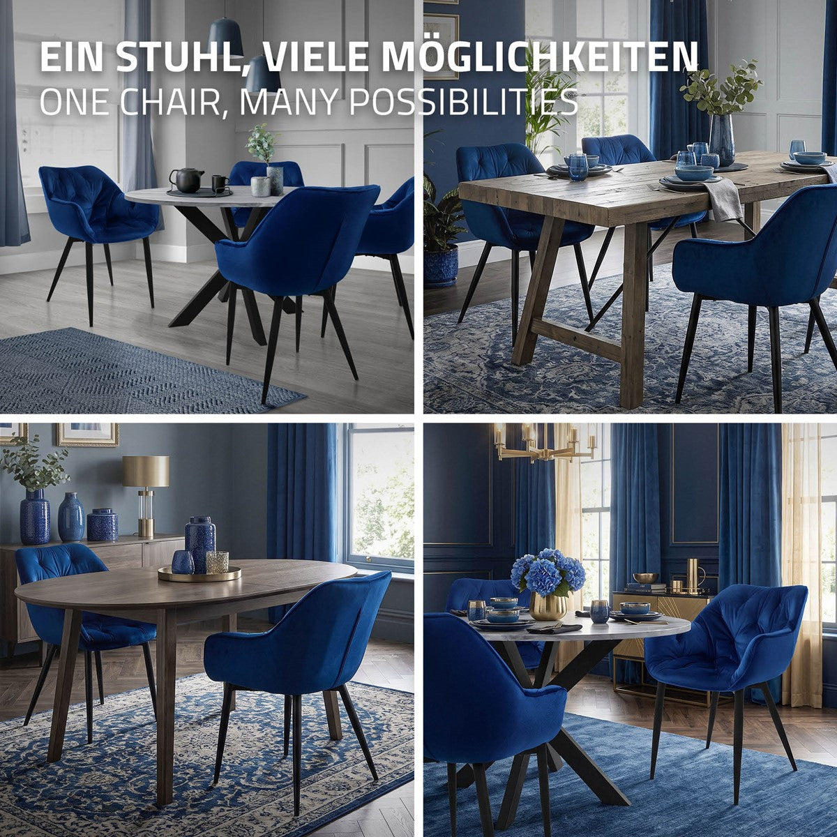 Ein Esszimmer mit blauen Stühlen und einem Holztisch, dekoriert mit Blumen.