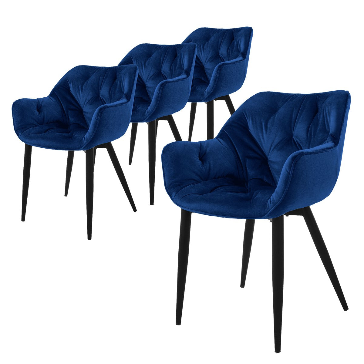 Four blue chairs with black legs on a white background.