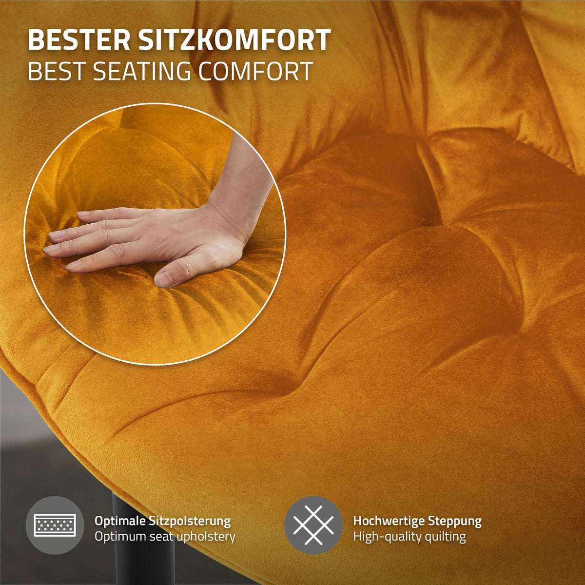 Nahaufnahme eines gelben Stuhls mit Hand, die den Stoff berührt.