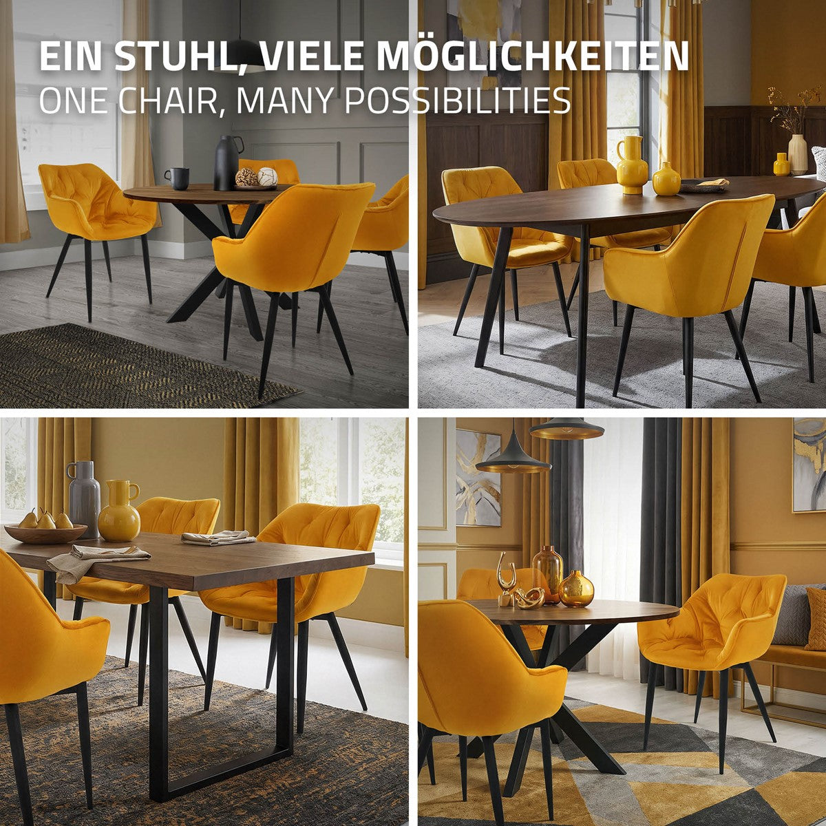 Verschiedene Ansichten eines gelben Stuhls in einem stilvollen Essbereich.
