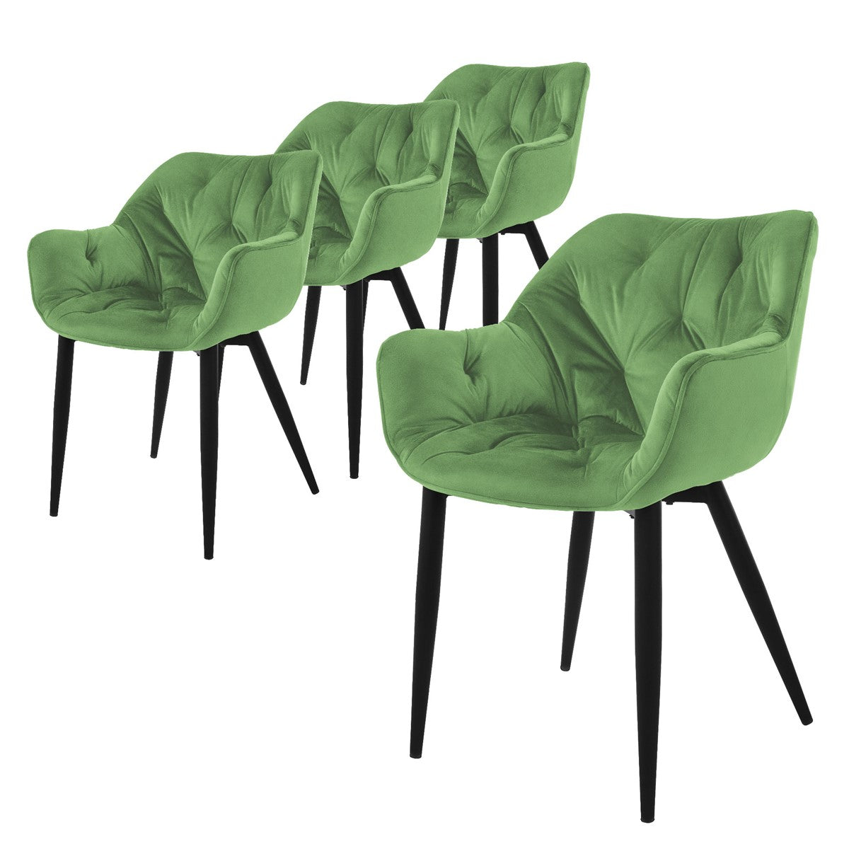 Four green chairs with black legs on a white background.