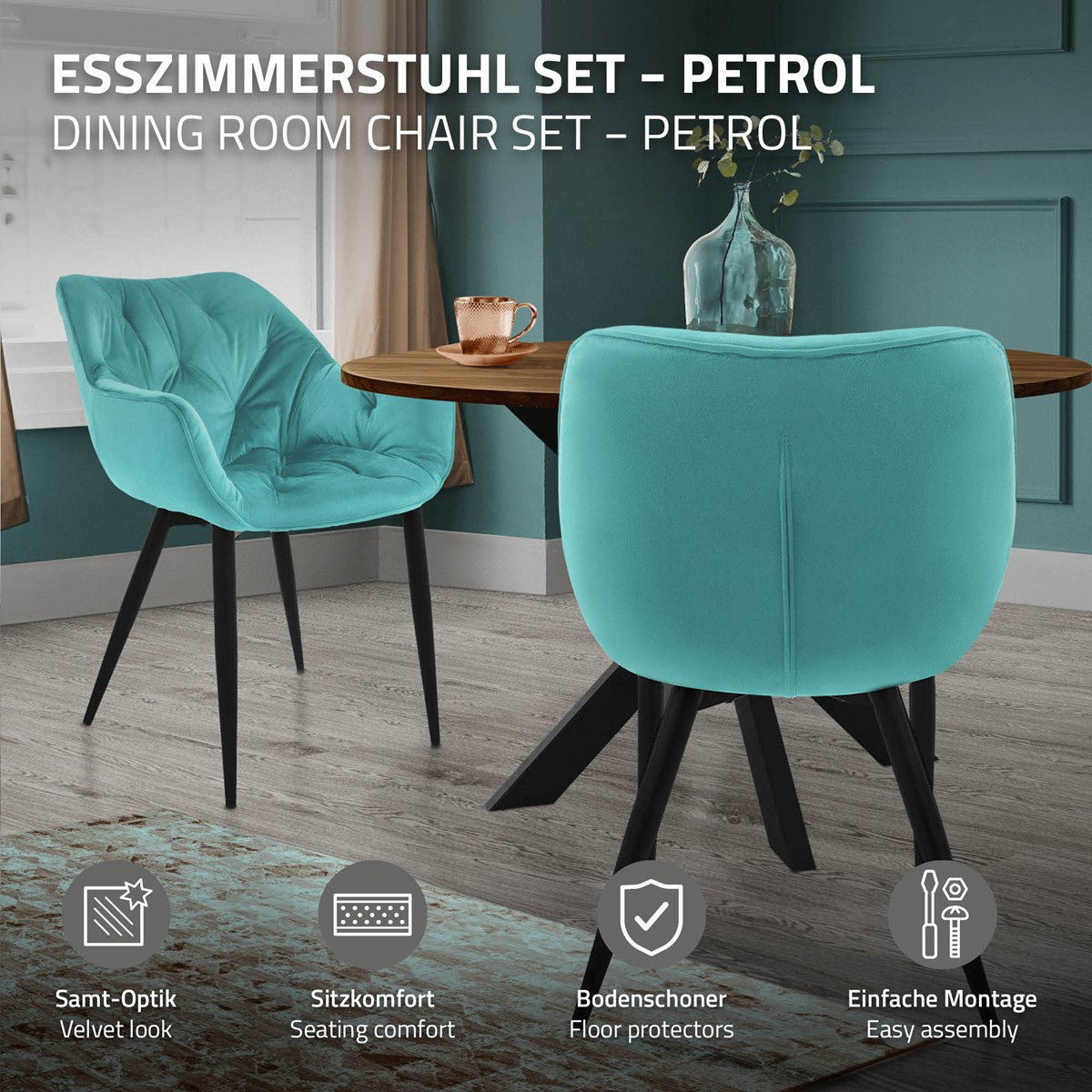 Ein blauer Stuhl am Tisch mit einem Getränk und dekorativen Elementen.