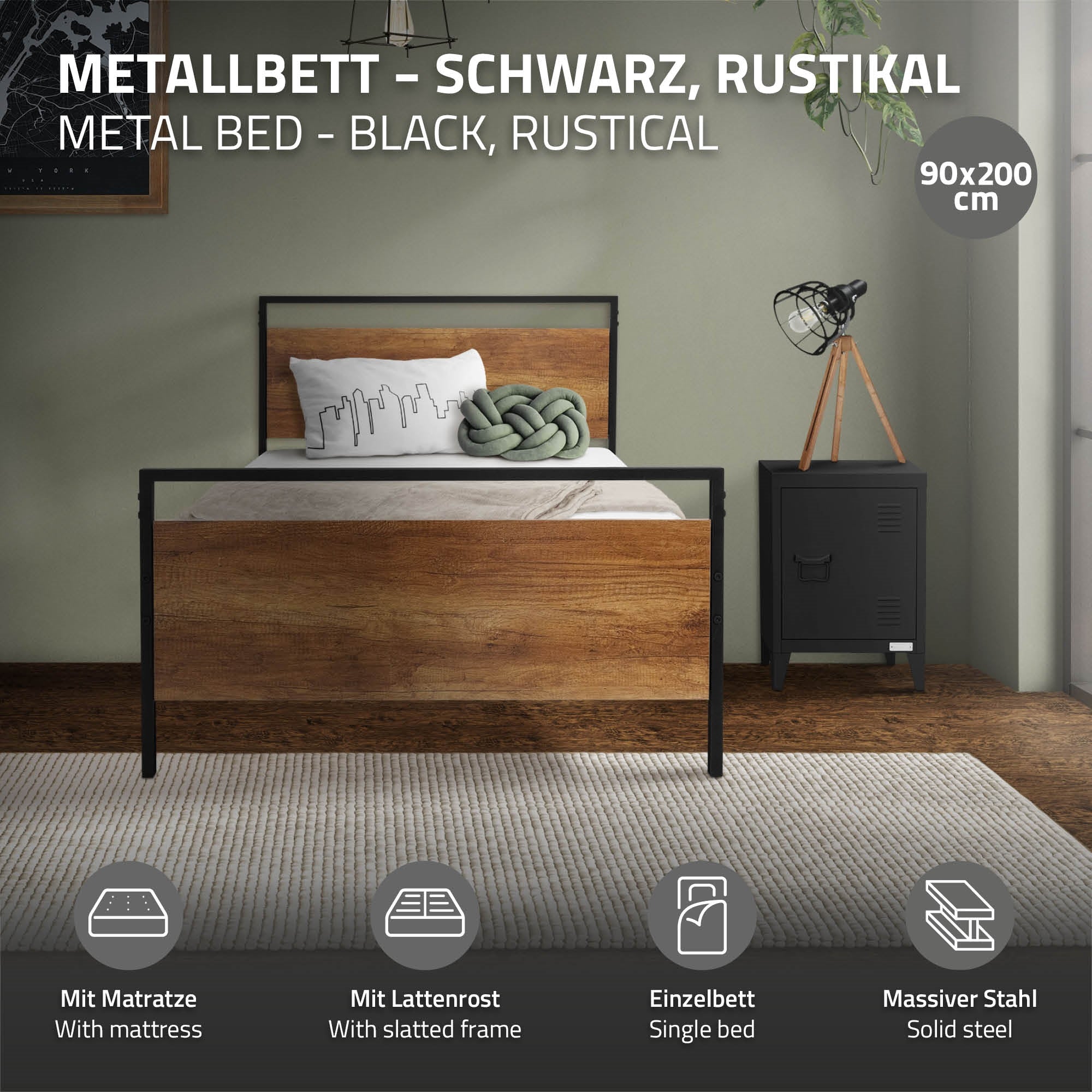 Metallbett in schwarz mit rustikalem Holzrahmen und Matratze.