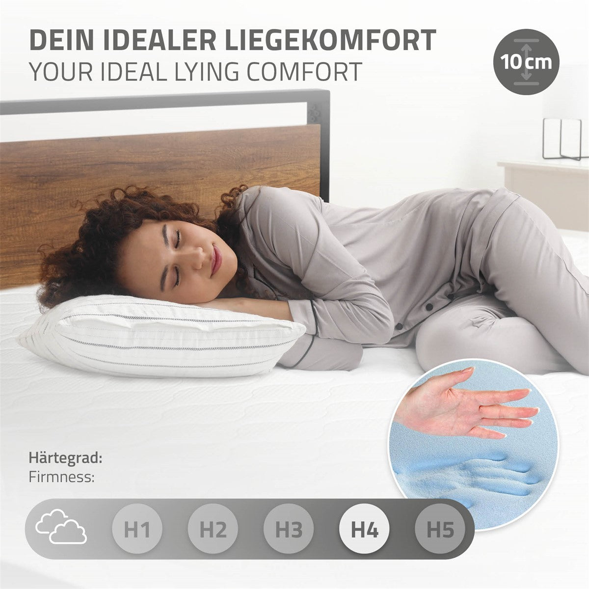 Une femme est allongée sur un matelas avec un oreiller, hauteur de 10 cm, fermeté H4.