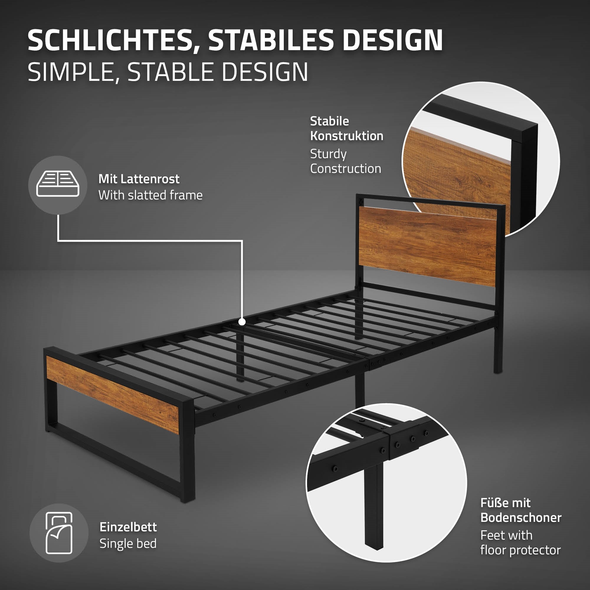Graphique d'un lit simple avec sommier à lattes et construction stable.