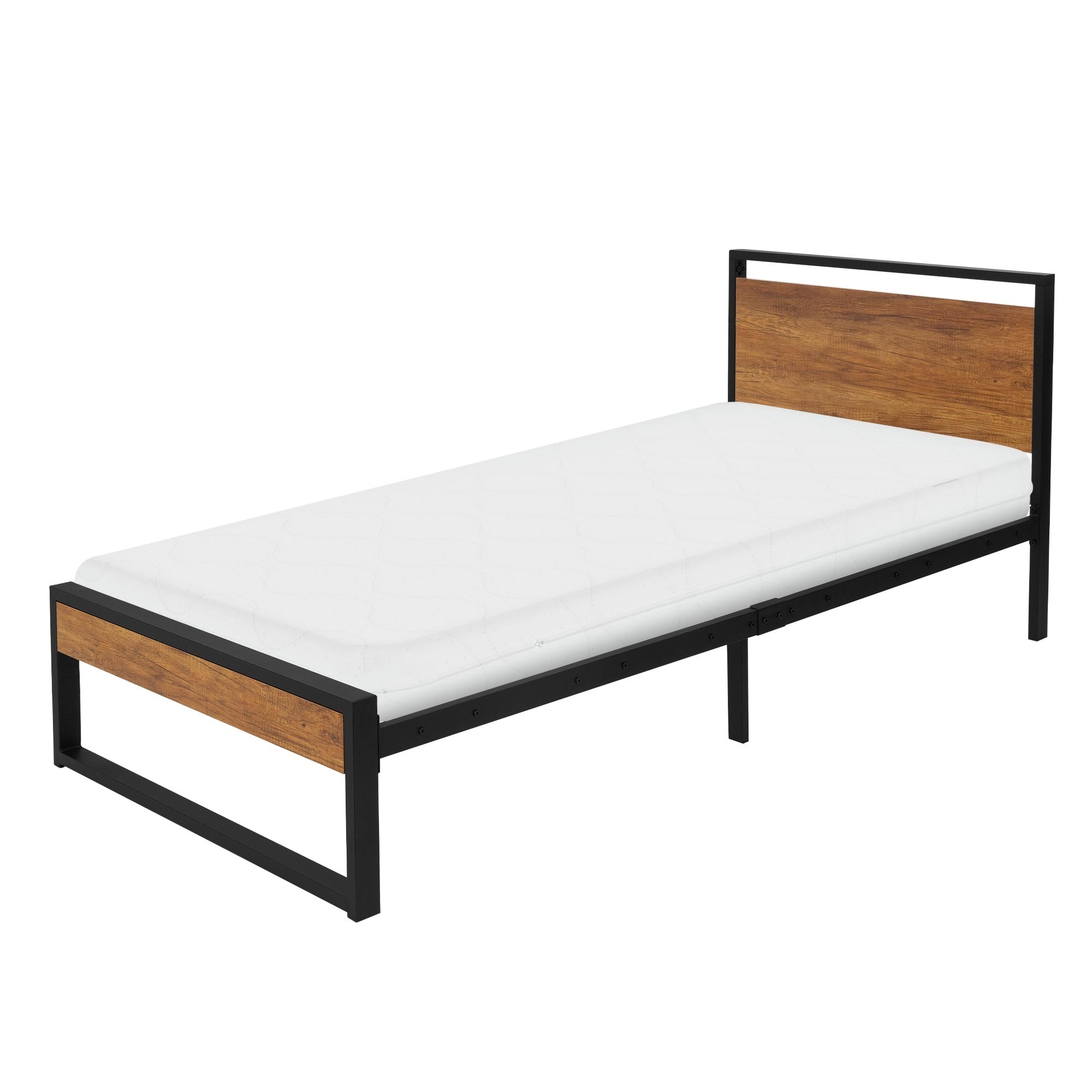 Un lit simple avec un cadre en métal noir et un aspect bois.