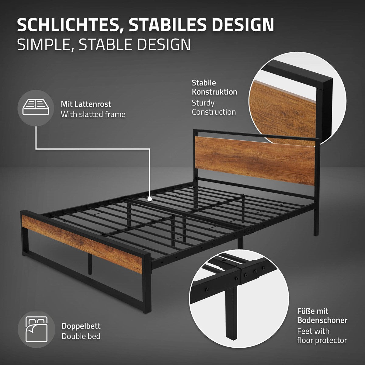 Gráfico de una cama estable con somier de láminas y estructura resistente.