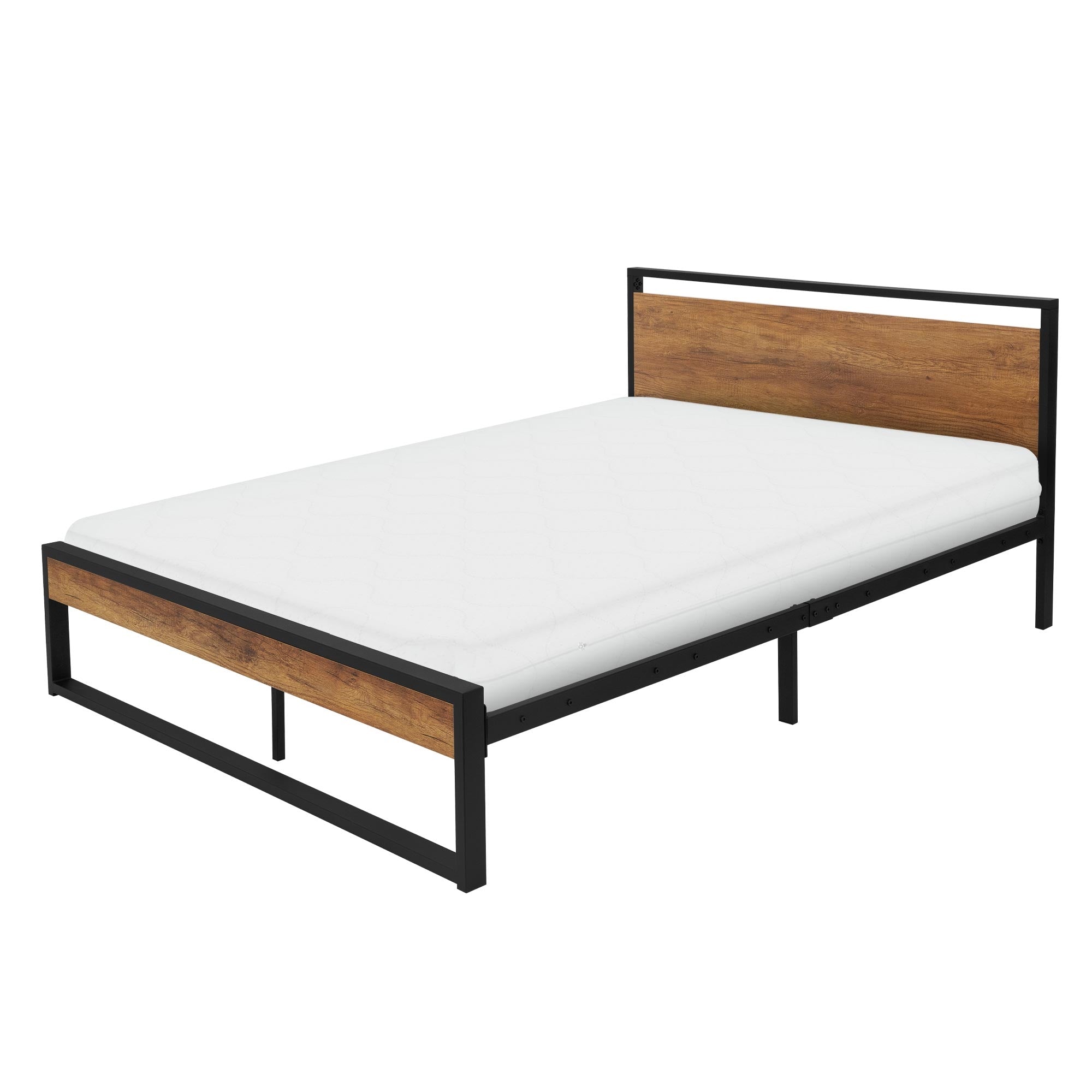 Ein Doppelbett mit schwarzem Metallrahmen und Holzoptik.