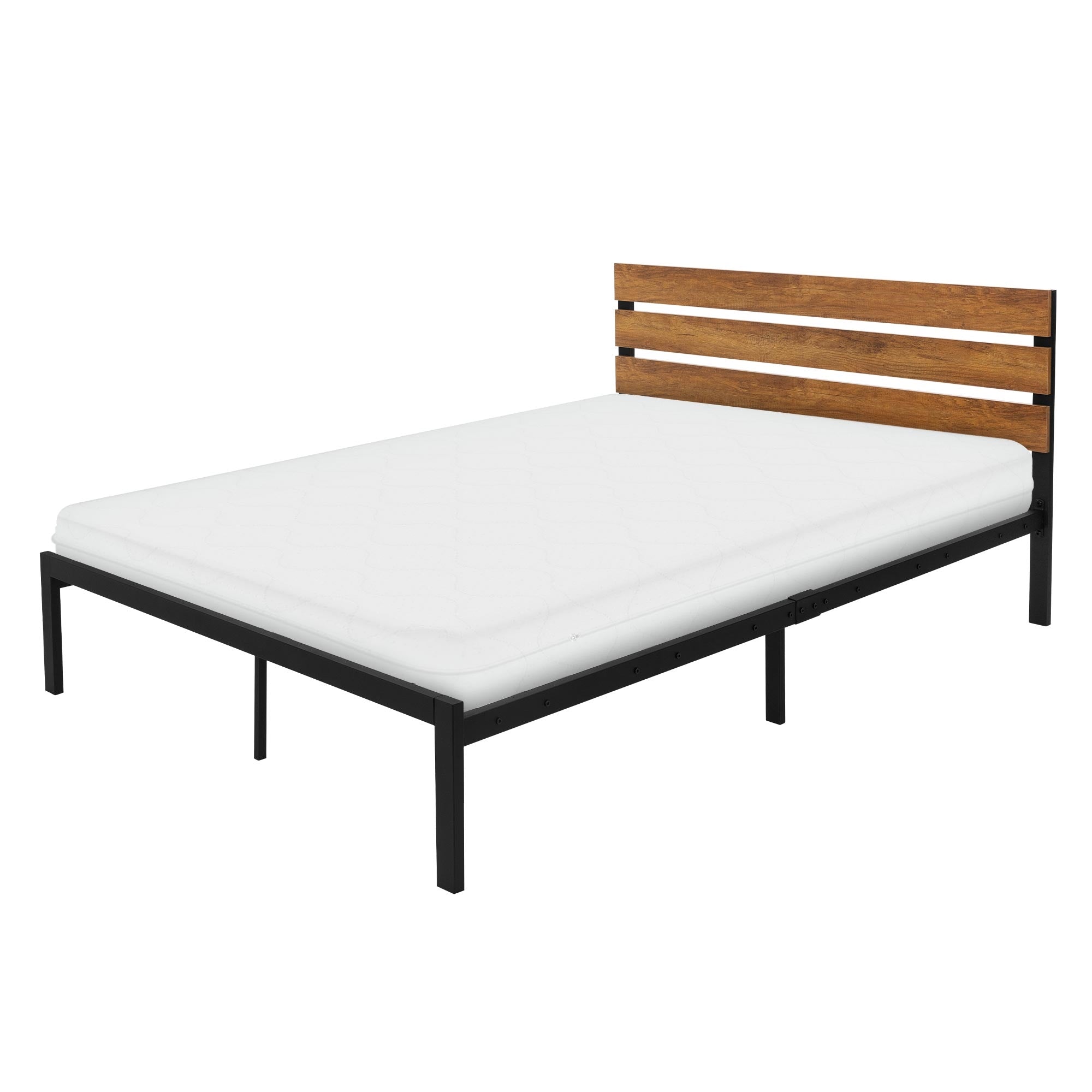 Metallbett mit Matratze, Kopfteil aus Holz, in einem minimalistischen Raum.