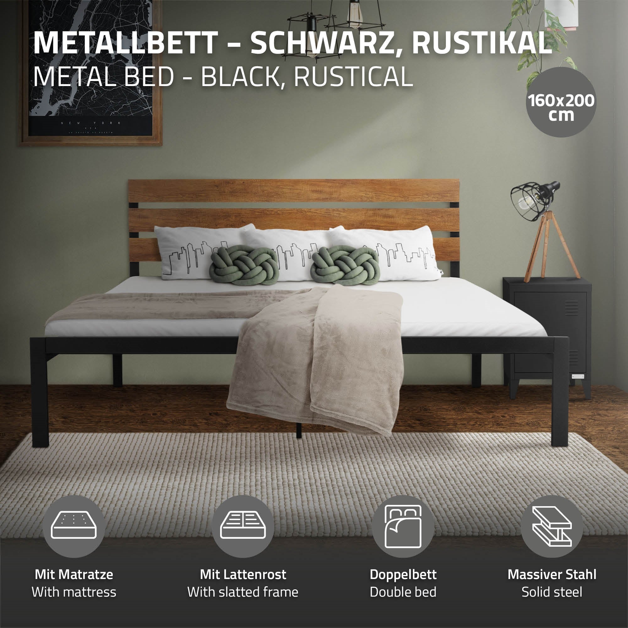 Letto in metallo nero con testiera in legno rustico e materasso.