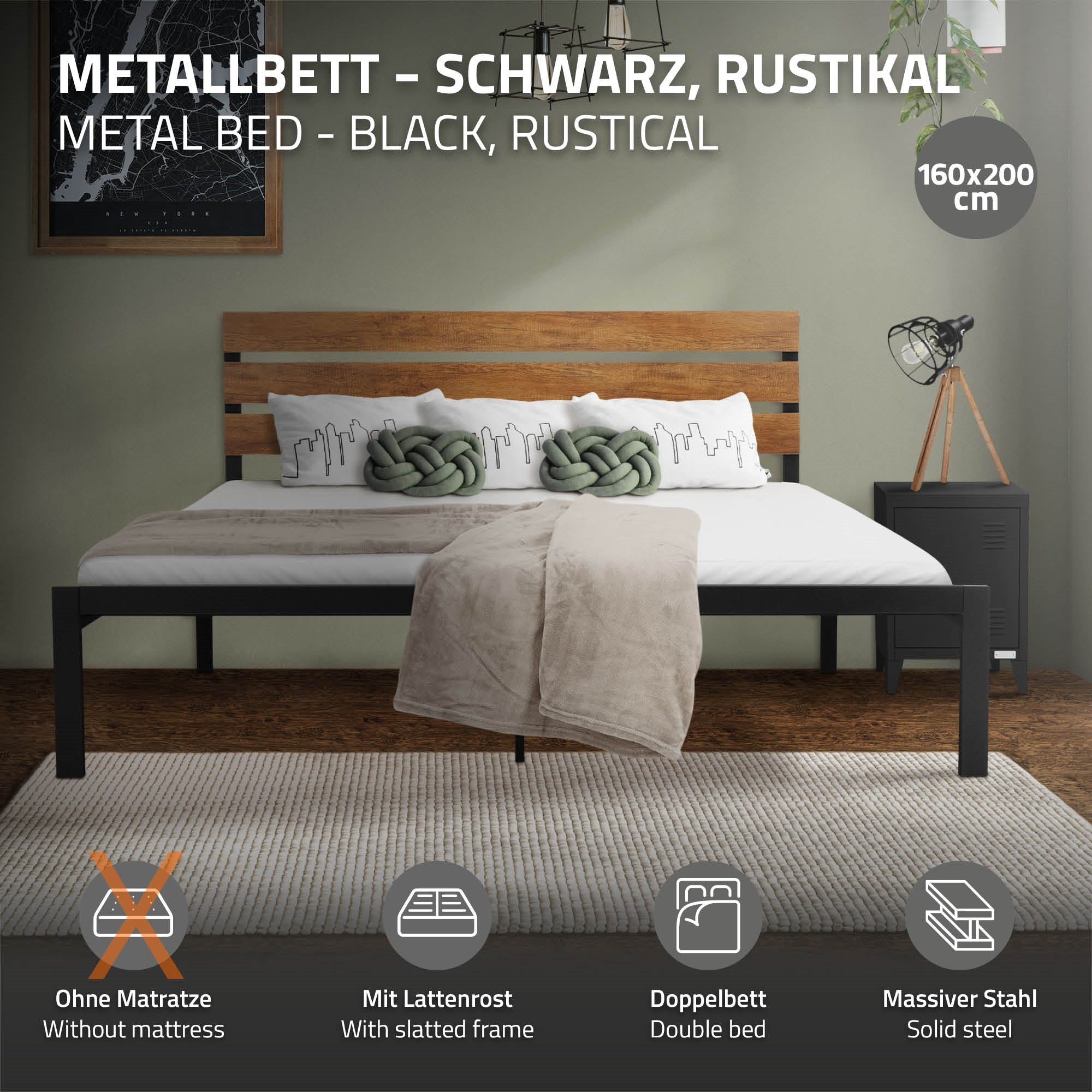 Schwarzes Metallbett mit rustikalem Kopfteil, ohne Matratze, auf einem grauen Hintergrund.