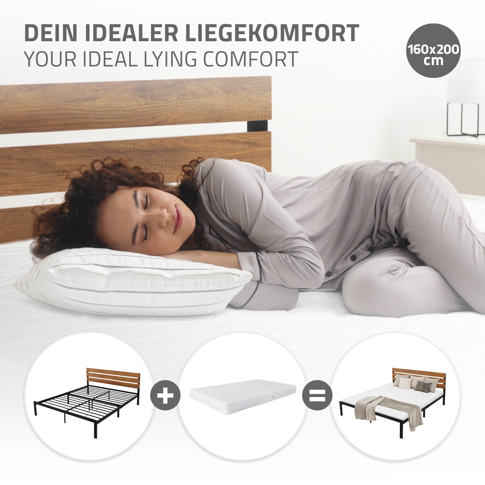 Frau schläft auf einem Bett mit Kopfkissen, umgeben von einem hellen Raum.