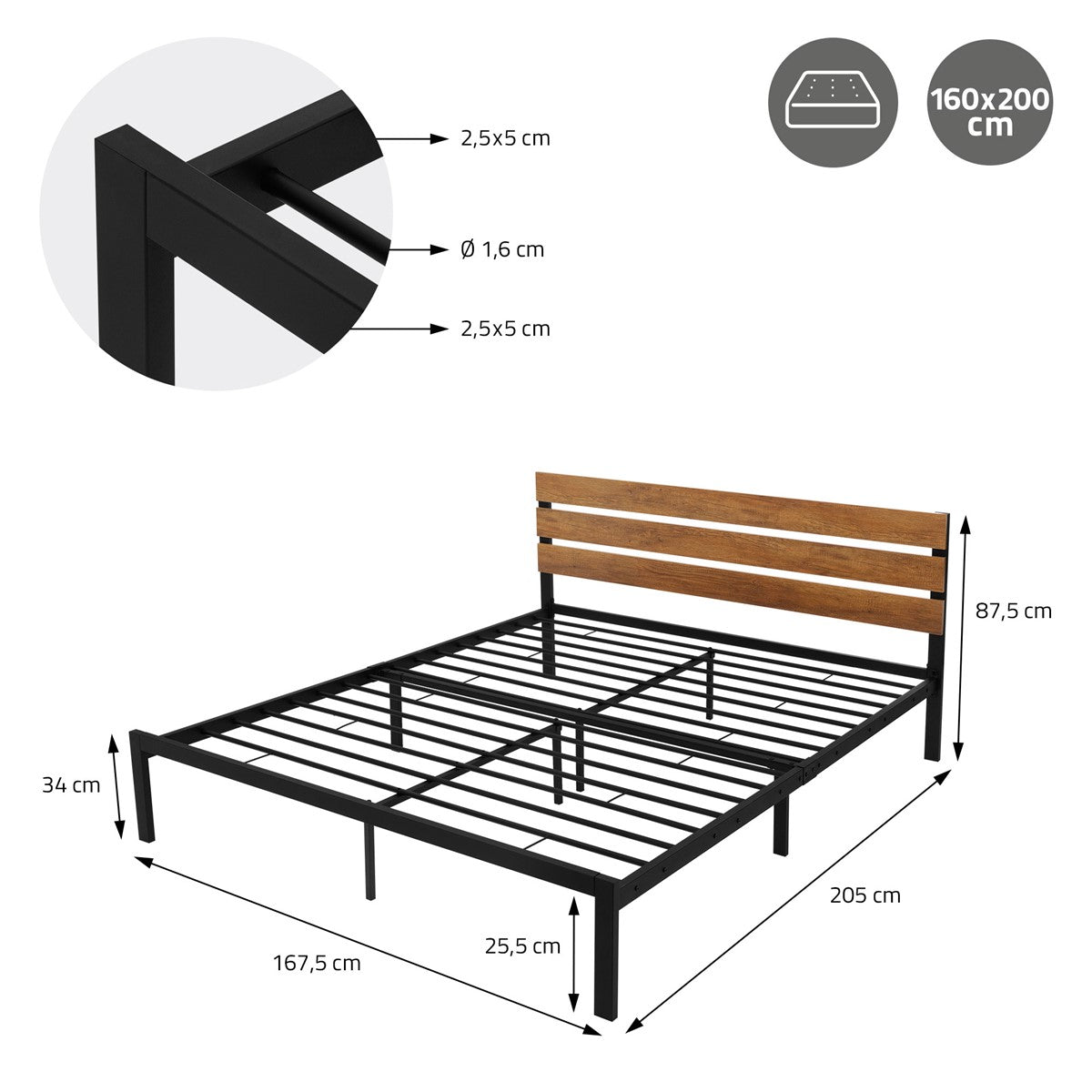 Metal bed frame with a wooden back; dimensions and details are provided.